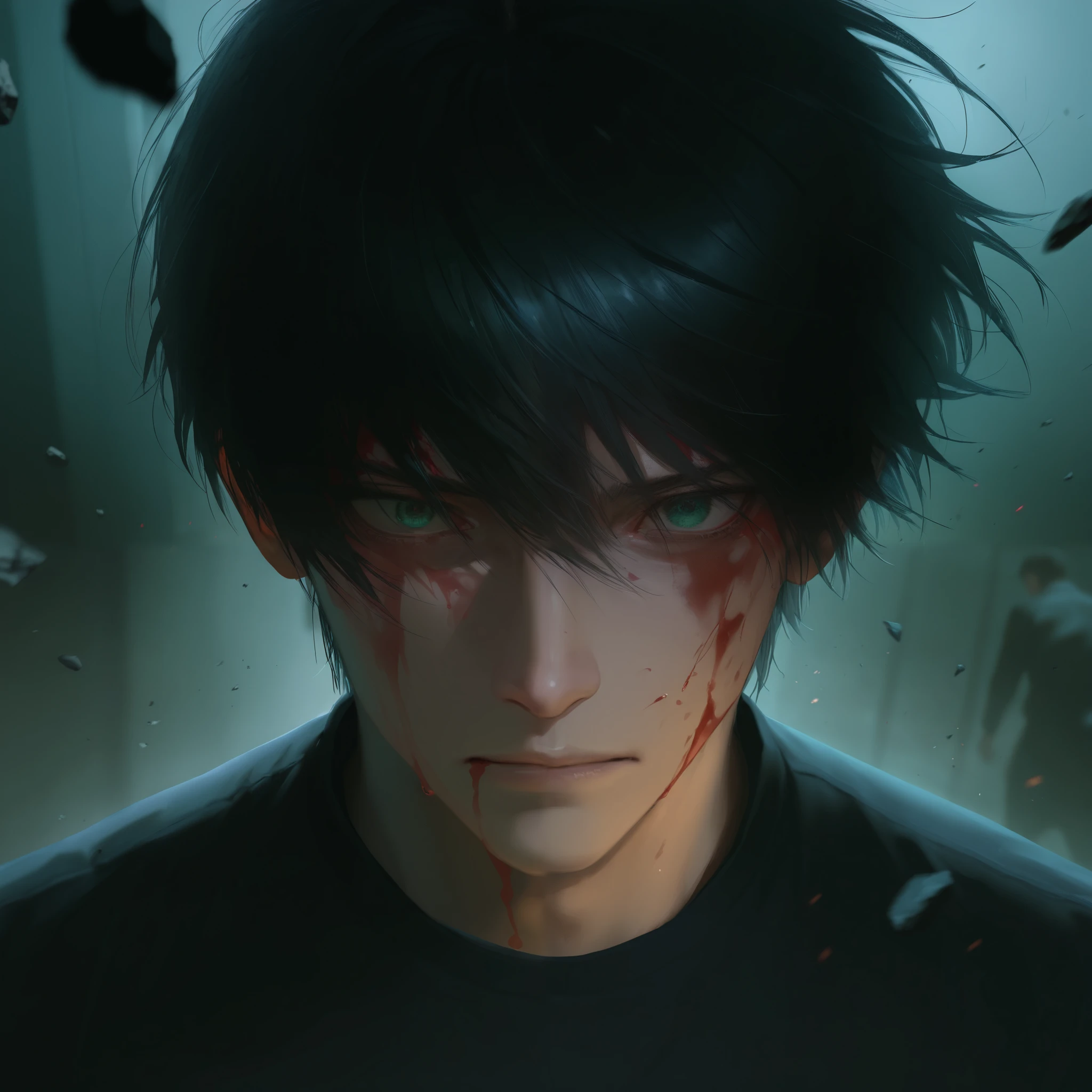 ultra detailed, 8k, ultra realistic, masterpiece, cinematic lighting, 1boy, 17y, messy spiky black hair, green eyes, blood on face, look of hate, surrounded by debris