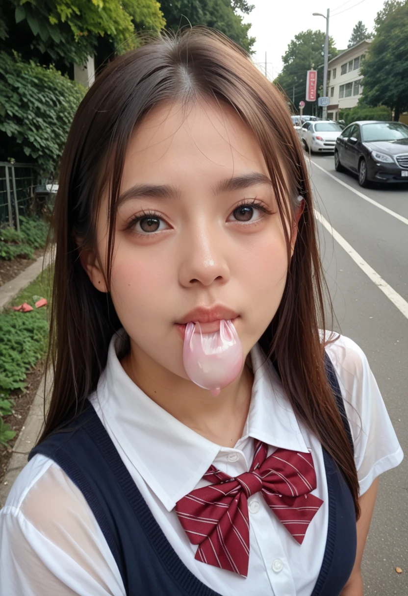 high resolution、8K、12 year old girl、facial、Covered in semen、((A lot of semen))、(Open your mouth)、Angle from the front、Tennis uniform、Pink Shirt、Sun visor、ponytail、Sticking out tongue