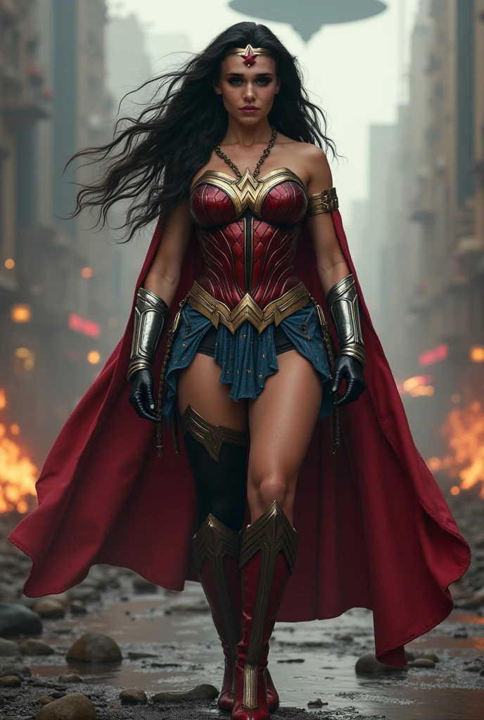 A beautiful woman with long black hair under the cloak of the Amazon warrior Wonder Woman, red boots and bracelets with a silver red star, a silver headband with a red star on her forehead flying over an apocalyptic city skyscrapers (((This woman has the ability to fly without a cape)))