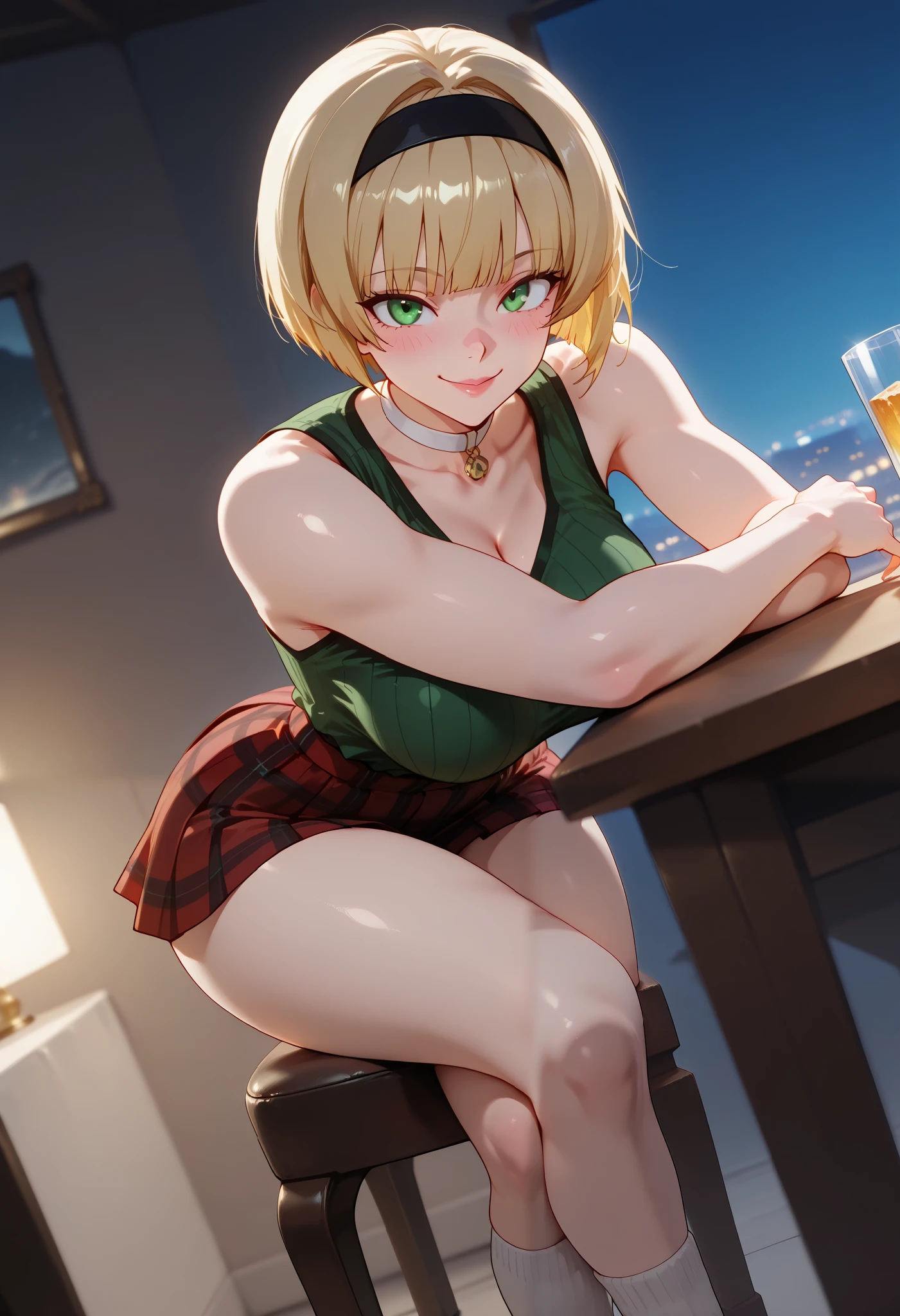(dynamic angle, wide view, wide-angle lens, extremely detailed, CG, 8k Amazing, finely detail)), (intricate details, depth of field), 8k UHD, (masterpiece, best quality), ((amazing quality,very aesthetic,absurdres,best quality,newest, masterpiece)), ultra detailed, best quality, beautiful face, perfect anatomy, anatomically correct, athletic sexy body, Expressiveh, (cute face, cute body))), ((happy girl, proud to show her body)), ((((Miki H, blonde hair, bobcut, short hair,bangs, green eyes, black hairband, large breast, green striped shirt, sleeveless shirt, white collar, plaid pink miniskirt, white socks))), ((large breasts, slim sexy body, curvy hips, seductive pose, flirting, naughty face, blush)), (((looking at viewer, happy smile, joy, cowboy shot, dynamic pose)))), curvy, toned, athletic, sitting, arms on table, crossed legs, upskirt, ((((profile shot)))), (((seductive pose, sexy pose, cowboy pose)), indoors,((hourglass figure)), ((pinup pose, seductive pose,dynamic pose, seductive), ((precise face and eyes:1)) , ((looking at back, full body shot, hourglass figure, wide hips)))), fantasy, outdoors, ((highly detailed, highres, 8k, uhd, High Dynamic Range, tonemapping, crisp details, intricate details, fine details)), ((highly detailed skin texture, finely detailed hair, perfect face, perfect body, perfect hair, perfect anatomy, portrait)), finely detailed skin, sharp focus, (cinematic lighting), collarbone, night, soft lighting, dynamic angle, Side View, Shot From Side, Low View,, (side_view_perspective:1.5), showing off your butt , showing the butt, rear camera , turning your back to the camera , posing in a sexy way