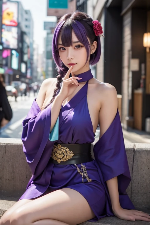 1girl, blunt bangs, braid, wide sleeves, hair ornament, japanese clothes, red obi, (purple hair:1.2), very long hair, straight hair, looking at viewer, highly detailed background, (photo realistic:1.2), detailed eyes, red eyeshadow, depth of field,thigh, (ulzzang-6500:0.7), upper body, (solo:1.2), (cyberpunk city:1.1), cleavage, (finger on lips:1.1),Shiny skin