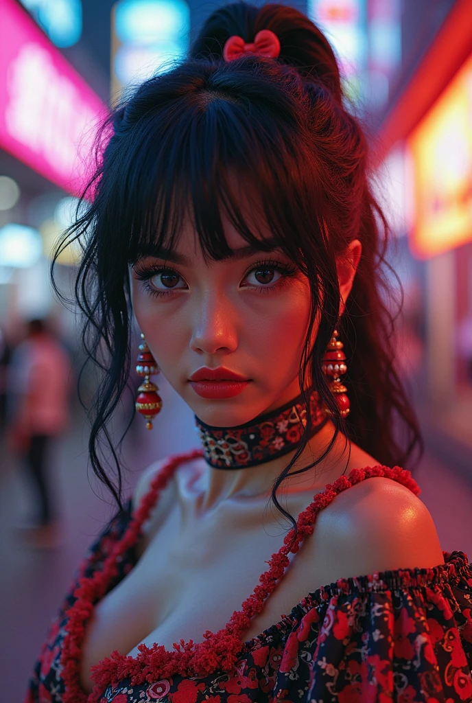 (SFW:1.2), Best_Quality, (masterpiece:1.2) of professional Analog Hi-Res photo, (realistic and photorealistic with touch of rawness:1.37), a close-up portrait of (KAWAII princess wearing thongs), Infinity pool on the roof of Skyscraper, Golden sky at dusk, intricate lighting effects with light particles, ((many colorful lights (dazzling bokeh))) . BREAK { Mystic sight | (many Luminous Particles:1.4) | sparkling splash | flying droplets | Rain drops | Luminous water surface | enjoying summer festival | Big City and Brilliant Skyscrapers }, { Childish | Gigantic Cleavage | Half Laying down | number on arm } . BREAK (((NOGIZAKA)))  Extremely Detailed very KAWAII face variation, captivating gaze, elaborate detailed Eyes with (sparkling highlights:1.2), long eyelashes、Glossy RED Lips with beautiful details, Coquettish tongue, Rosy cheeks, Wet Glistening ivory skin . (Dynamic joyful expressions), { pleasure in agony | ??????? | :D | screaming | Perplexed } . hair and eye color is same color, { Full of flowers | Chained Red leather high collar | Red ribbon | Tiny Coronet | Pearl piece | half updo | short bob }, from diagonally angle, Volumetric lighting .
