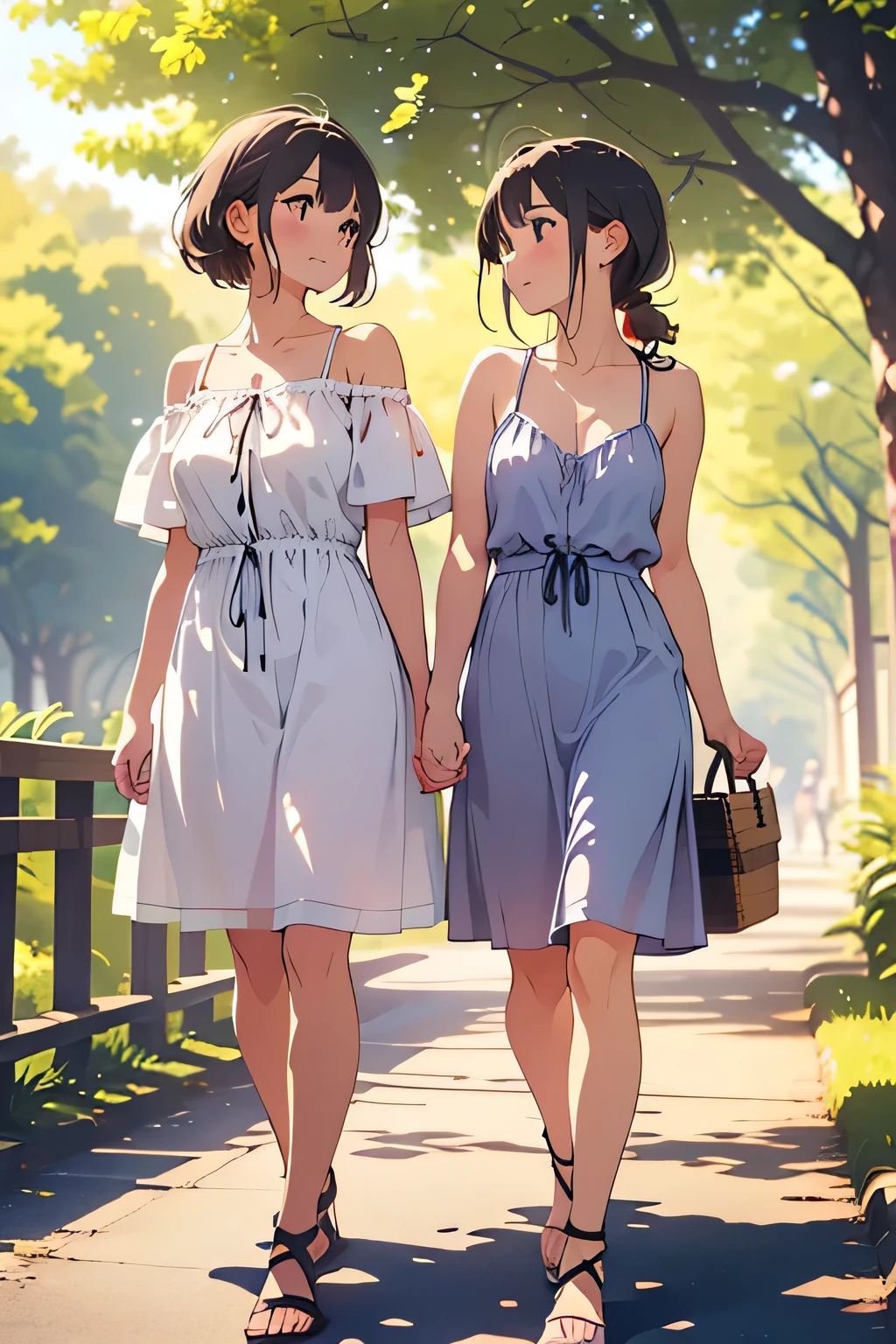 Top Quality、high resolution、(high image quality:1.3)、masterpiece、detailed background、(very detailed face:1.3)、(detailed eyes:1.3)、age beauty、(huge breasts:1.3)、(Normal number of fingers:1.3)、anatomically correct、perfect body line、Bright-colored hair、ponytail、Braided bob cut、 Early summer afternoon 、In strong sunlight 、

(Two girls who were walking along the park path take a break in the shade under a big tree:1.5)、

My sweaty skin is wrapped in cool air、the wind blows softly Gently hair up to the shoulders Shaking、with the scent of leaves and a slight smell of earth drifts、fluffy dress with a small flower pattern on a white background、The hem of the skirt swings in the wind、Simple strappy sandals、put a small basket bag on the knee、with your fingertips、sunlight filtering down gently on your cheeks and arms、A gentle expression that makes you feel the beginning of summer comes to their eyes looking somewhere far away、I slowly stand up and walk lightly when I'm a little sweaty、the hem of the dress swings in the breeze、A refreshing scene that makes you feel the arrival of summer、cute