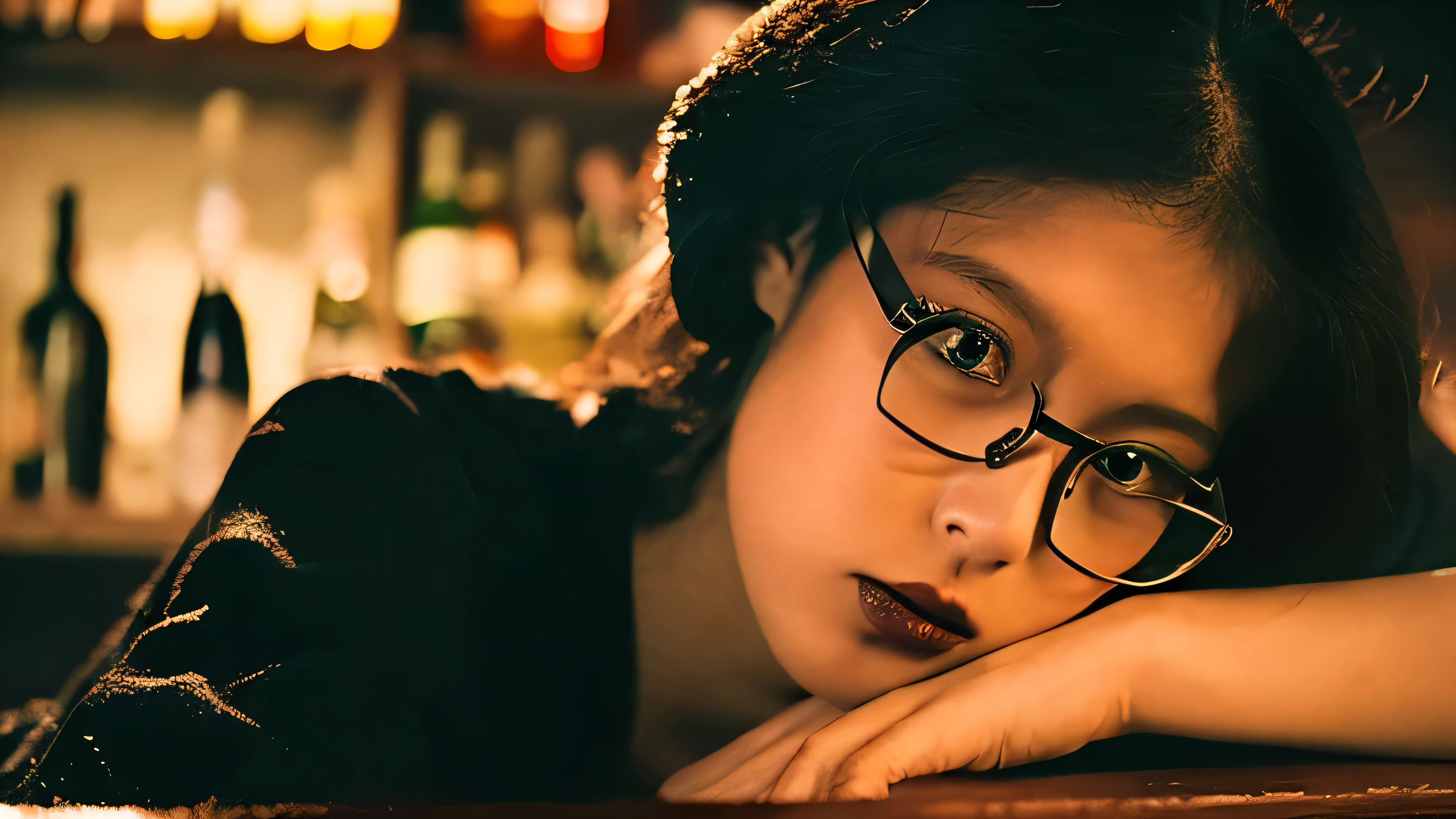 (beautiful japanese woman sitting in a lit bar, smoking a cigarette.) The background is dark, with vintage whiskey bottles, a glass of liquor, and scattered cigarette butts on the wooden table. The atmosphere is hazy, evoking a sense of nostalgia, loneliness, and inner turmoil. The lighting is dramatic, with soft shadows emphasizing her troubled expression. Photorealistic details with a surreal and dreamlike quality.” ((flat chested)),(((masterpiece))), (((Best Quality: 1.4))), ((Super Detail: 1.4)) , Gorgeous and Exotic Features , dark eyes:1.5, Black Straight Hair, Very detailed facial features, expressive faces, Detailed Textures, (Red Rose Tattoo), natural skin shader , warm shades under the skin , (super high resolution),((wearing a black silk dress)), ((black glasses)), The image has a moody and introspective atmosphere,