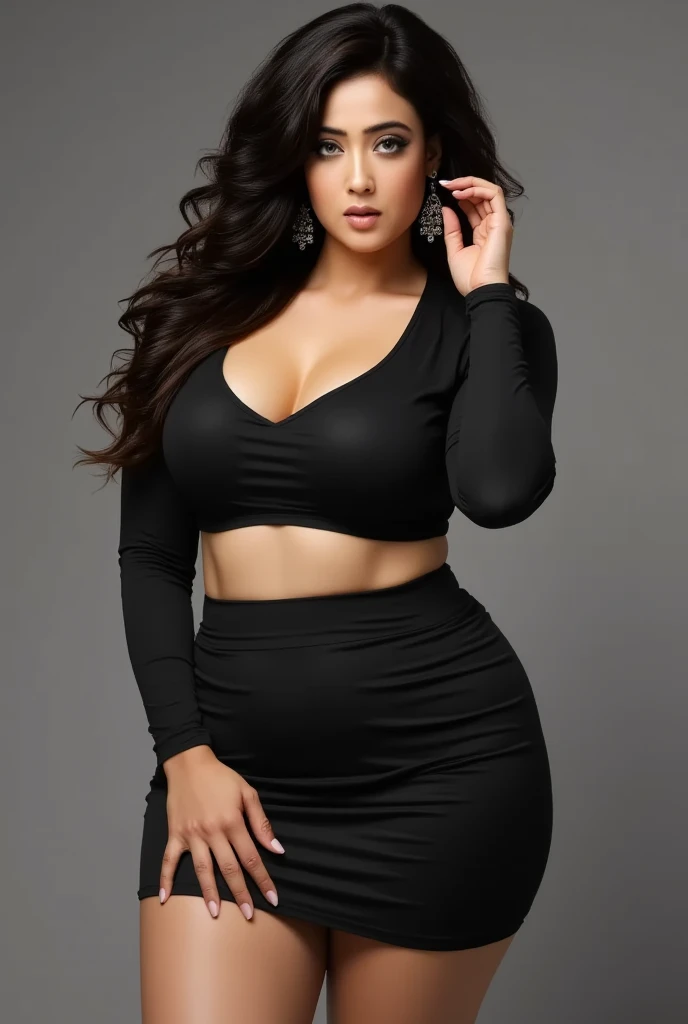 Young woman with big breasts.Skirt that wraps hips.Black long straight.Anterior convex and posterior.Full-figured.with fair skin.Flushed complexion.