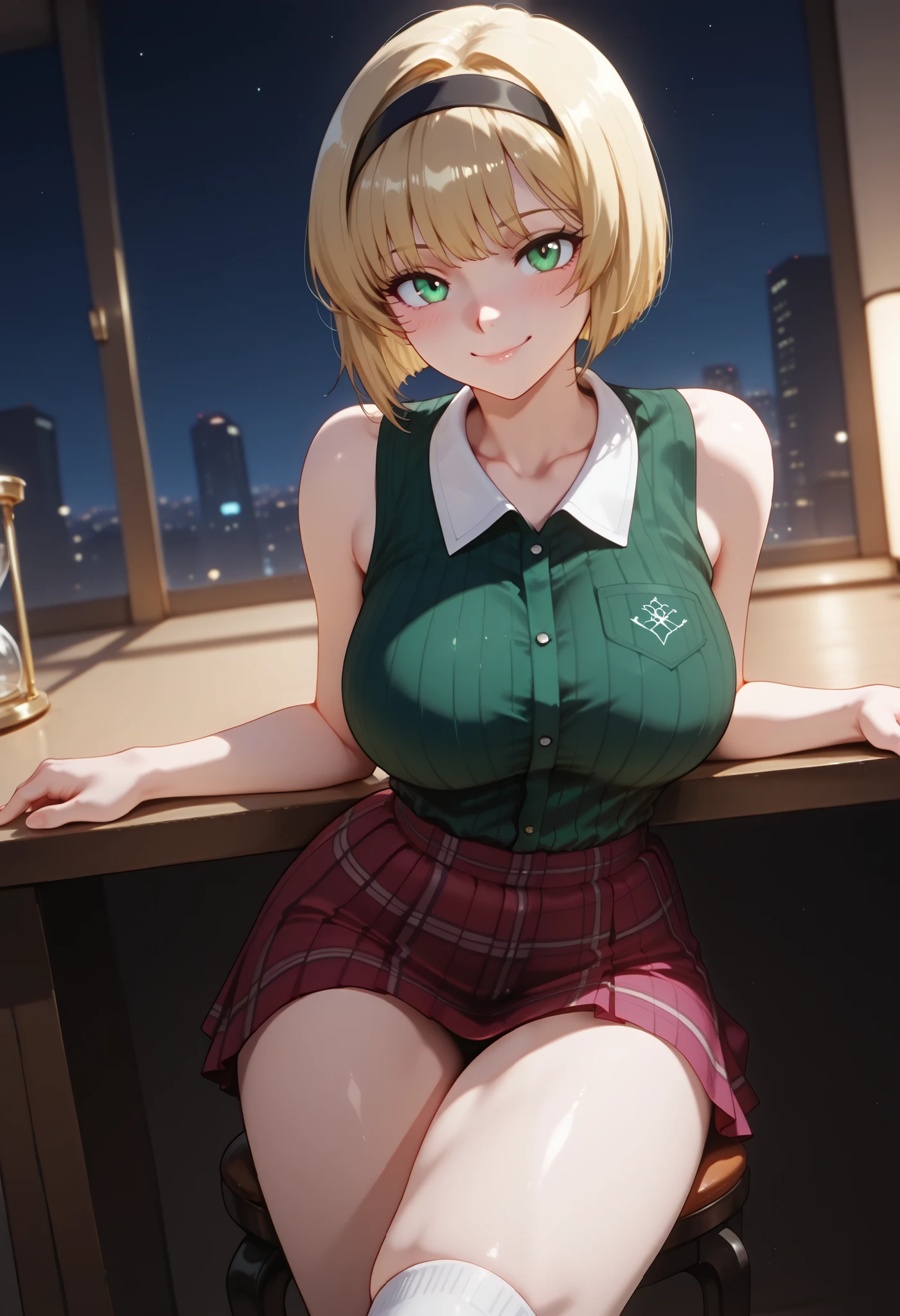 (dynamic angle, wide view, wide-angle lens, extremely detailed, CG, 8k Amazing, finely detail)), (intricate details, depth of field), 8k UHD, (masterpiece, best quality), ((amazing quality,very aesthetic,absurdres,best quality,newest, masterpiece)), ultra detailed, best quality, beautiful face, perfect anatomy, anatomically correct, athletic sexy body, Expressiveh, (cute face, cute body))), ((happy girl, proud to show her body)), ((((Miki H, blonde hair, bobcut, short hair,bangs, green eyes, black hairband, large breast, green striped shirt, sleeveless shirt, white collar, plaid pink miniskirt, white socks))), ((large breasts, slim sexy body, curvy hips, seductive pose, flirting, naughty face, blush)), (((looking at viewer, happy smile, joy, cowboy shot, dynamic pose)))), curvy, toned, athletic, sitting, arms on table, crossed legs, upskirt, ((((profile shot)))), (((seductive pose, sexy pose, cowboy pose)), indoors,((hourglass figure)), ((pinup pose, seductive pose,dynamic pose, seductive), ((precise face and eyes:1)) , ((looking at back, full body shot, hourglass figure, wide hips)))), fantasy, outdoors, ((highly detailed, highres, 8k, uhd, High Dynamic Range, tonemapping, crisp details, intricate details, fine details)), ((highly detailed skin texture, finely detailed hair, perfect face, perfect body, perfect hair, perfect anatomy, portrait)), finely detailed skin, sharp focus, (cinematic lighting), collarbone, night, soft lighting, dynamic angle, Side View, Shot From Side, Low View,, (side_view_perspective:1.5), ((showing off your butt , showing the butt, rear camera , turning your back to the camera , posing in a sexy way))