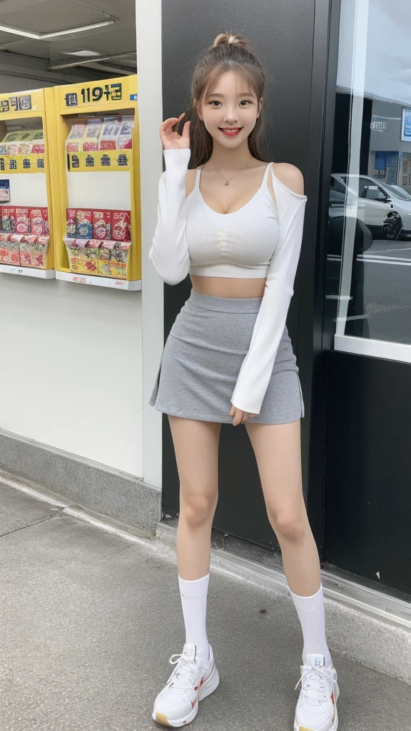 a beautiful tall young woman, short straight hair, striking grey eyes, large breasts, streetwear, professional photo, sitting, full body photo, muted colors, looking at viewer, (longneck:1.45)