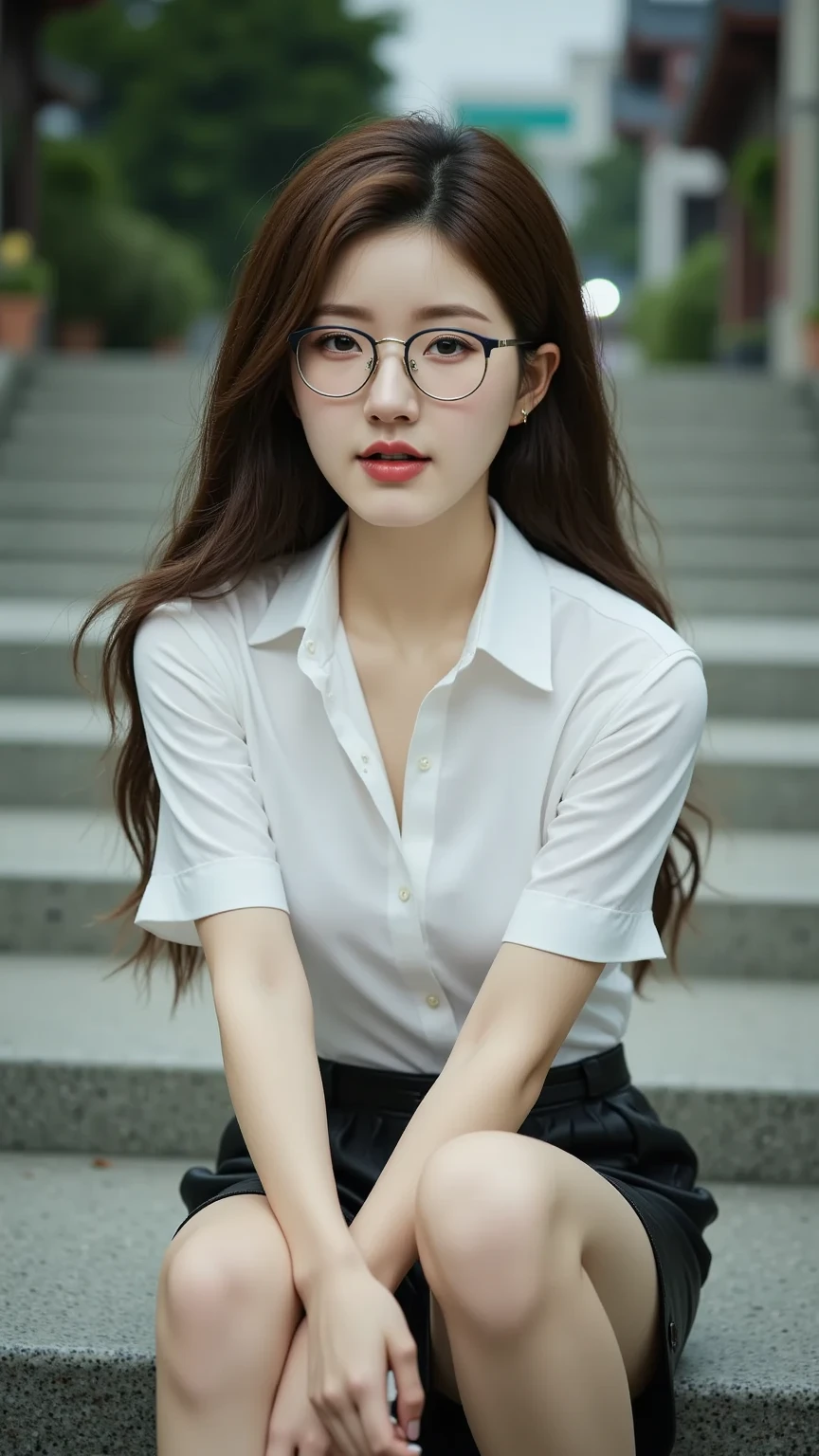 A perfect young female white-collar worker，Chinese，High picture quality，Works of masters，Black hair，Long hair flowing over the shoulders, Wear glasses and a cap, Blured background，outside, deep shadow, Real Human，CG rendering，16k，Stand up，Empty interior，Do not show your hands，Close-up shot