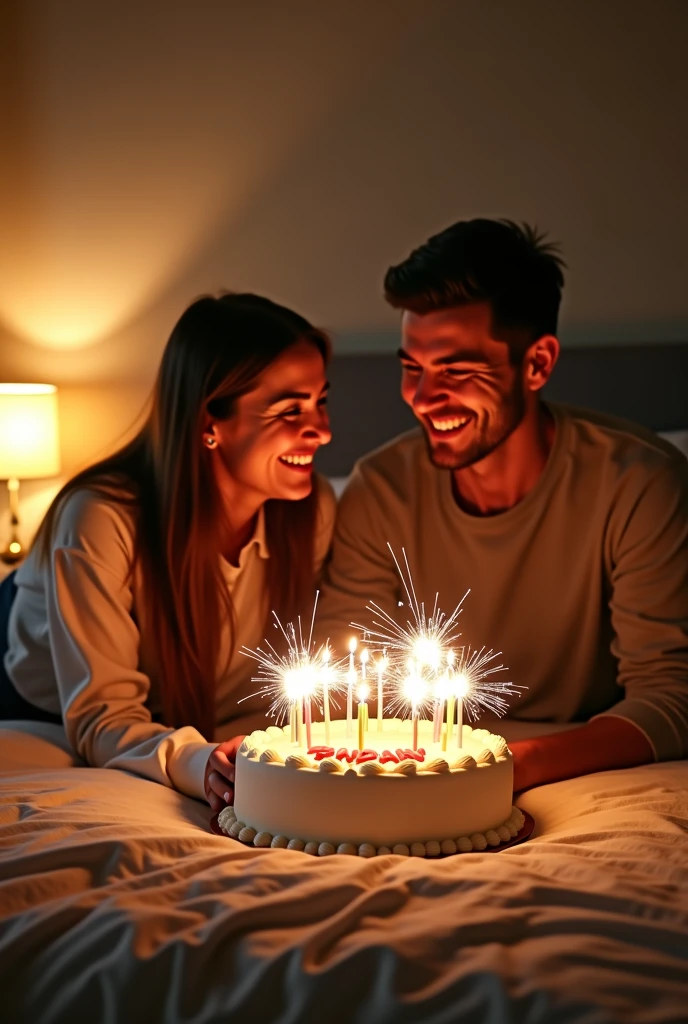 Egyptian couple , girl with wheatish skin, man white skin, both are tall, celebrating his birthday,She stands behind him, lovingly hugging his back as he sits in front of the birthday cake