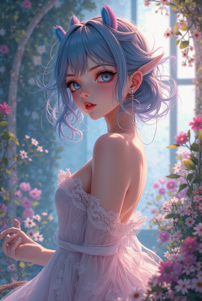 1girl, bethel, blue eyes, bare shoulders, breasts, medium breasts, short hair, white hair, hair over one eye, bangs, gloves, sleeveless, solo, shirt, fingerless gloves, white shirt, sleeveless shirt, arms behind back, off shoulder, horns, smile, (masterpiece), (best quality), (ultra detailed), indoors, simple background, blue flowers,