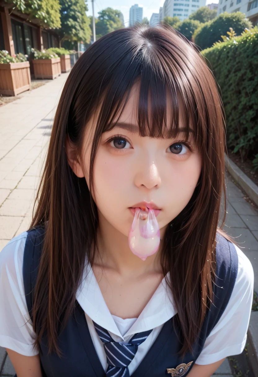 ,Short sleeved white shirt,Grey checked tie,Grey checked mini skirt,Navy blue socks,open mouth,tongue out,cum on tongue,Sitting on a black sofa,looking ahead,from above,flont view,face focus,open mouth,tongue out,(1girl,Beautiful 14 year old girl),((Slender,Small breasts,Small face,)),looking at viewer,Black Hair,bangs,Row Twin Tails,Beautiful and detailed,Mischievous smile,Hands under the chin,Dimly lit room,Simple Background,Black background,