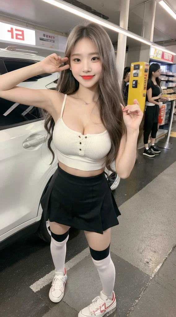 Detailed face、highlight、Asian Girl、thigh、breast enhancement、black髪、Heavy bangs、skirt、red、black、white