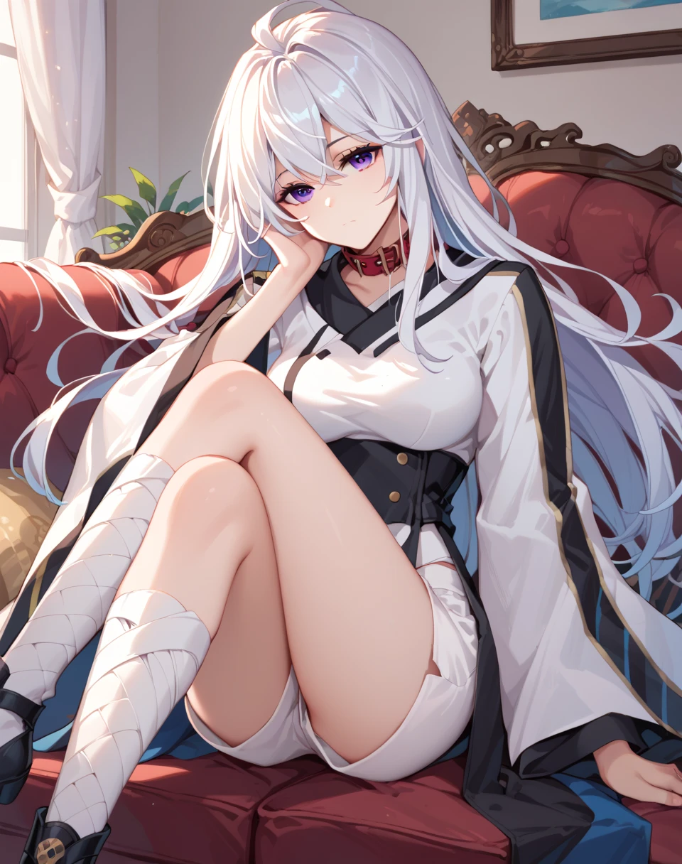 (Very detailed CG Unity 8k wallpaper)、(masterpiece)、(highest quality)、(Very detailed)、(Best illustrations)、(Best Shadow)、alone、One Girl、Yellow Eyes、Big Eyes、Big Breasts、Luxurious earrings、shirt、White shirt、black tights、evening、Lying in bed、whole body、Long Hair、Shiny skin、Shiny texture
