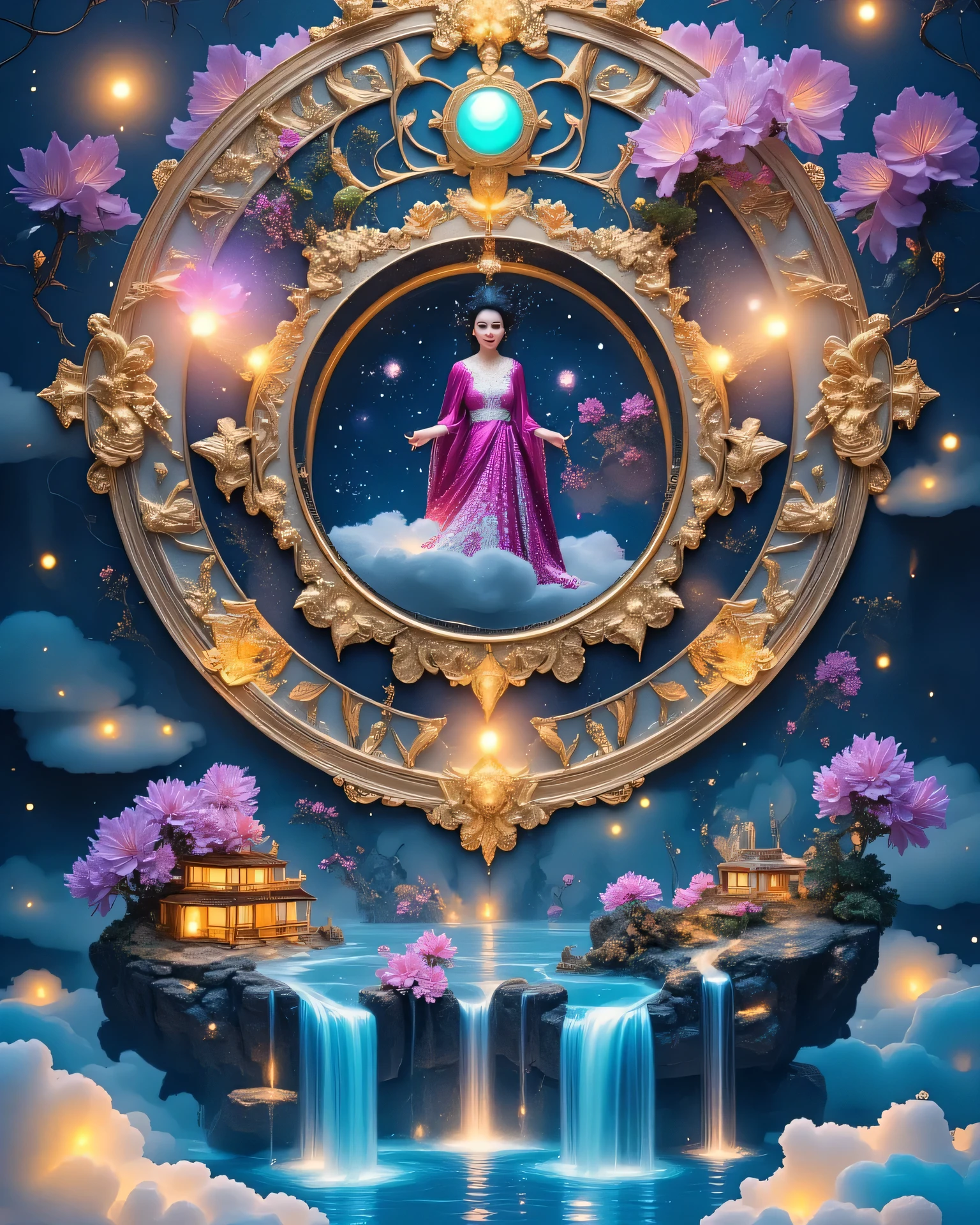 A surreal cosmic scene featuring a majestic celestial deity with a serene expression, adorned in ornate garments, floating above a grand, temple-like structure with intricate architecture. The deity's arms extend gracefully, entwined with swirling cosmic energy and serpentine creatures. Above, a massive golden disc with elaborate designs and planetary orbs radiates light, illuminating the scene. The background shows a fantastical landscape of jagged mountains, floating islands, and winding paths, surrounded by cosmic clouds and ethereal mist. The color palette blends deep blues, purples, and golds, evoking a divine and mystical atmosphere, A highly detailed, surreal vision of the Wheel of Samsara, inspired by Buddhist mythology. A massive, ornate psychedelic wheel with intricate carvings, adorned with celestial symbols, spins in a dreamlike landscape. Divine figures, spirits, and lost souls struggle around it, some trying to escape while others are trapped. In the background, a magnificent temple city with golden pagodas sits atop misty, swirling clouds.Create a Quadrilateral fractal unspiral Fibonacci pattern, porcelain woman with dynamic pose, a fractal square uneven unspiral vibrant color , that expands outward in a square shape, each segment connected at sharp right angles, creating a geometric square pattern that looks slightly irregular, A gigantic natural anime tentacles on stunning ultraviolet photograph capturing the mesmerizing beauty of a horor fantasy spiral phyramidab glass macrobotrys in full indigo bloom. The environment is filled with fractal-like cosmic patterns, glowing orbs, and vibrant colors. The style is ultra-detailed, psychedelic, and mystical, blending fantasy and spiritual themes Perspective isometric and infinite effect