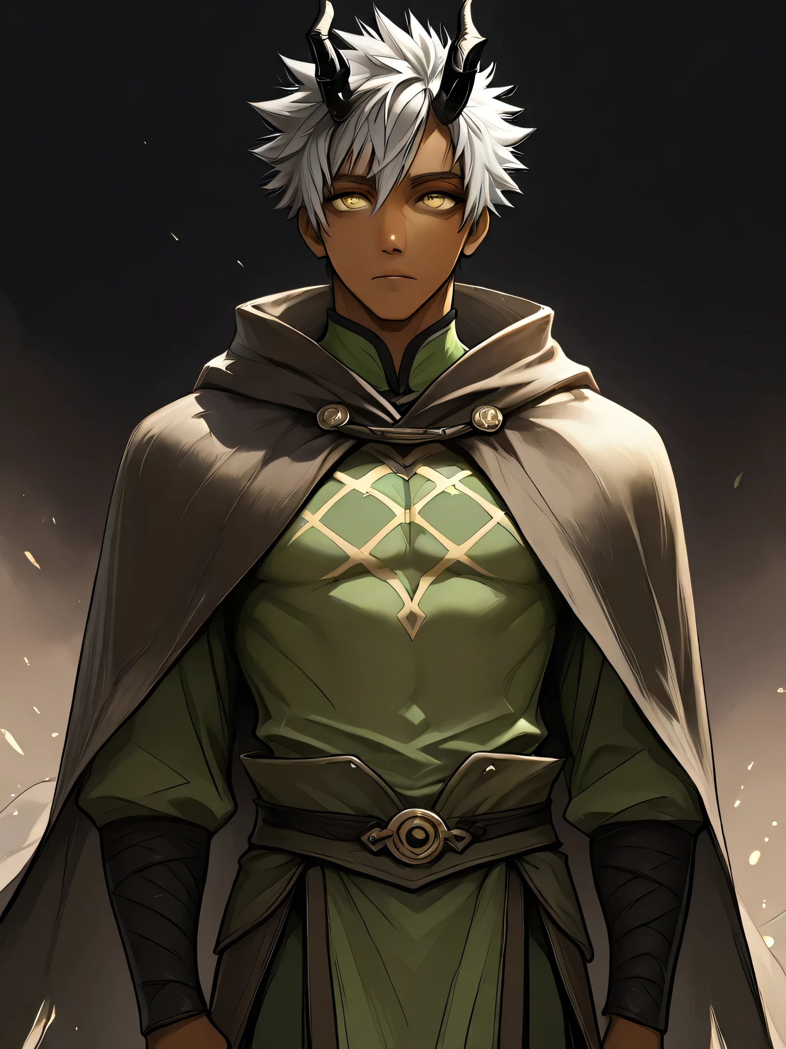 masterpiece, 1 male, Age 30, fantasy around the eyes, looking at the front, Thin waist, cowboy shot, Gray Hair, brown skin for rotation, Spiky Hair , very short hair, Rin々like, golden eyes, Green Hunter's Clothes, cloak, Black Twisted Horns