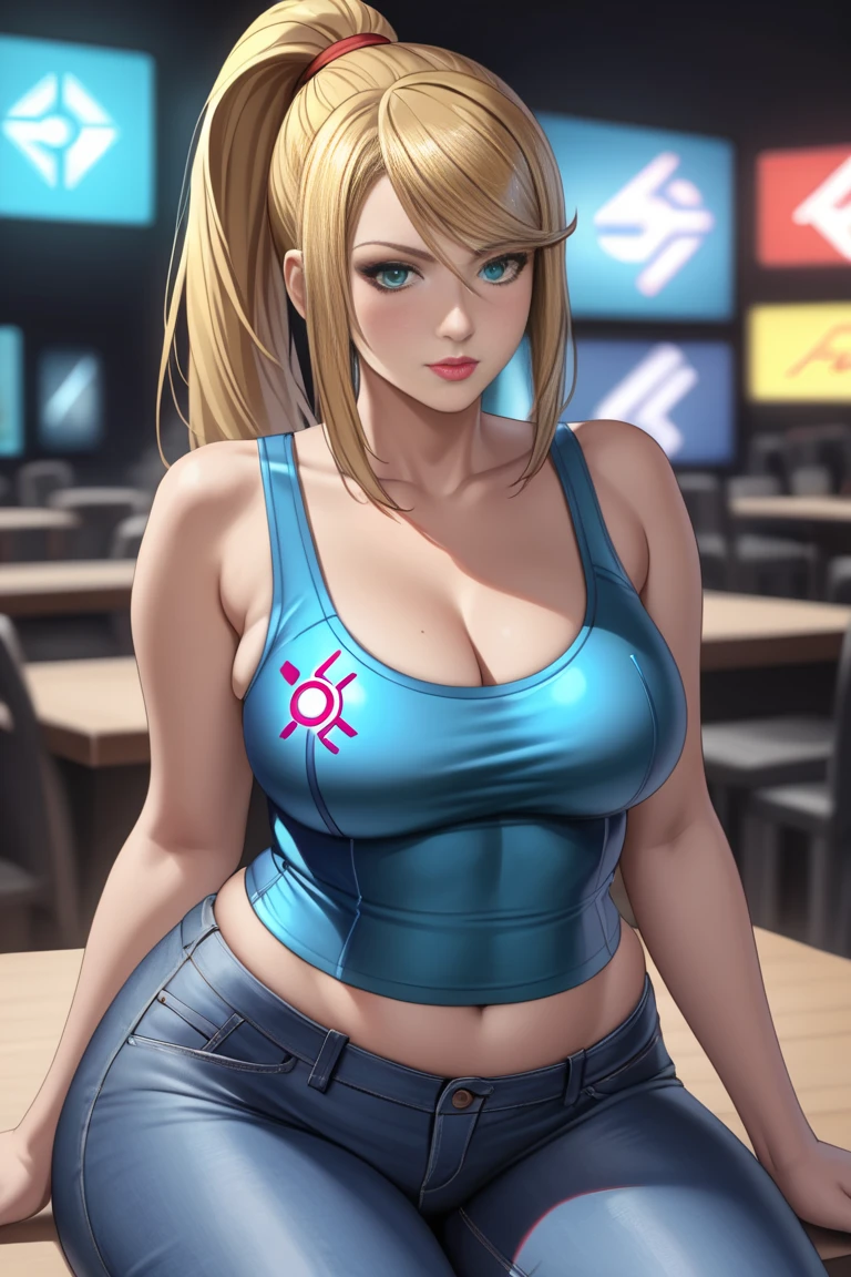 (masterpiece), best quality, expressive eyes, perfect face, blonde hair, blue eyes, yellow_earrings, necklace , mature woman (27 years old), Red lipstick, medium breasts, medium legs, peircings, bangs, tsurime Eyes ,background sunset, ponytail, soft lighting, light makeup,, smille, gym clothes