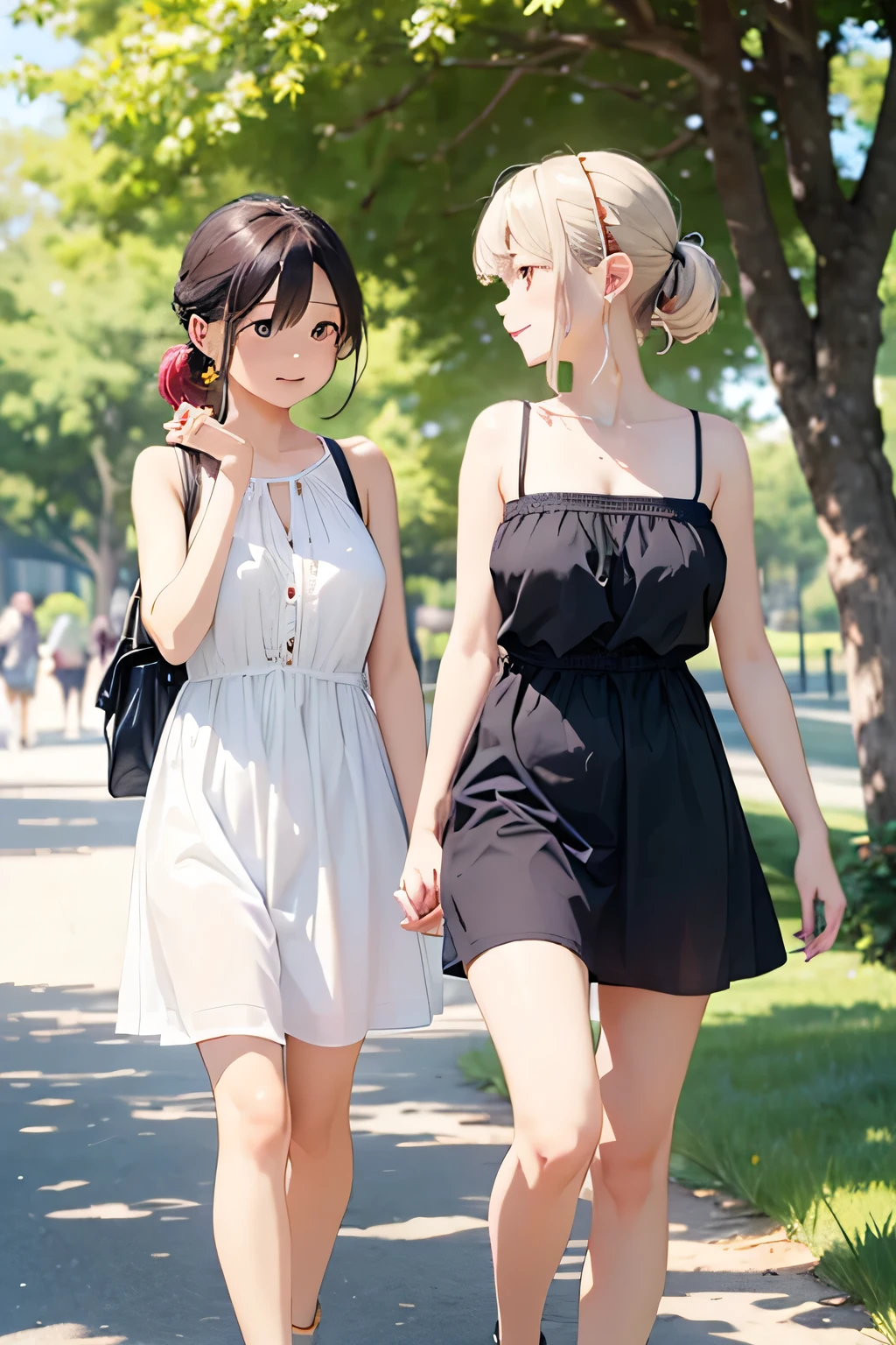 Two women walking down a sidewalk in a park with trees - SeaArt AI