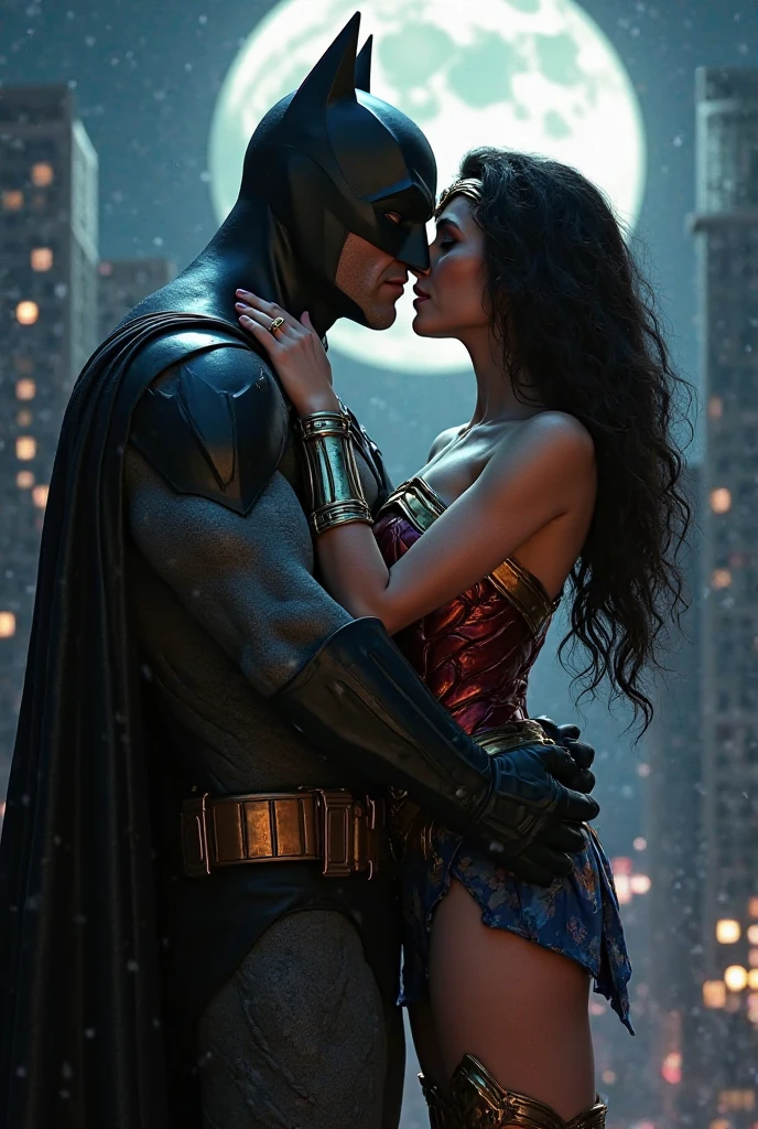 Batman, in his iconic black suit, stands alongside a stunningly beautiful woman in a long, flowing red dress. She exudes confidence and allure, her gaze fixed on the camera. The background is a bustling 90s gala, with sparkling lights, balloons, and guests in stylish evening wear dancing to upbeat music. The scene captures the contrast between Batman's dark and brooding persona and the vibrant energy of the glamorous party.