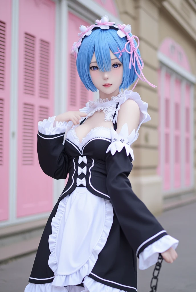 1 girl, maid outfit, (bangs cover eyes: 0.8), short light blue hair, black clothing, palace, exposed shoulders, blue eyes, hairpins, full body, sit down, (right eye covered by hair: 1.4)