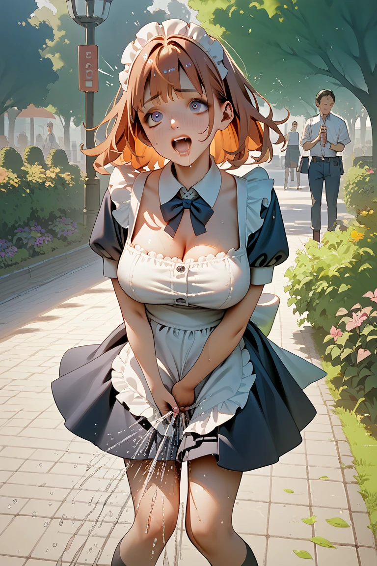 masterpiece, best quality, extremely detailed, Woman, black hair, apron, on the street, ((a cat running away with a fish in its mouth)),