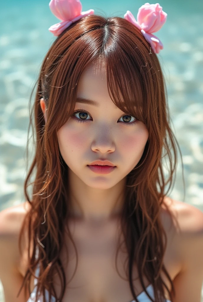 Sexy Big 、A cute with a sexy and cute look, beautiful and sexy face、A strong wind blows my hair in front of my face、With straight blonde hair、beautiful, Cute and sexy eyes hidden behind long bangs、Tops Fluorescent Bikini、Sunburned skin、