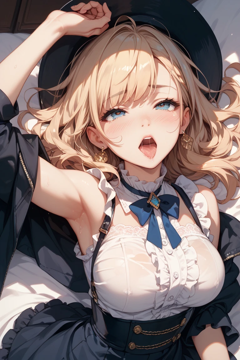 best quality ,masterpiece,solo,1girl,blond hair,red eyes,a dress with long sleeves,face focus,(looking up1.5),blush,open mouth,white viscous liquid in mouth,sticking out tongue,sweating body,small lady serenity,big breasts,despise,steam,shoulder,hold in both hands at the mouth