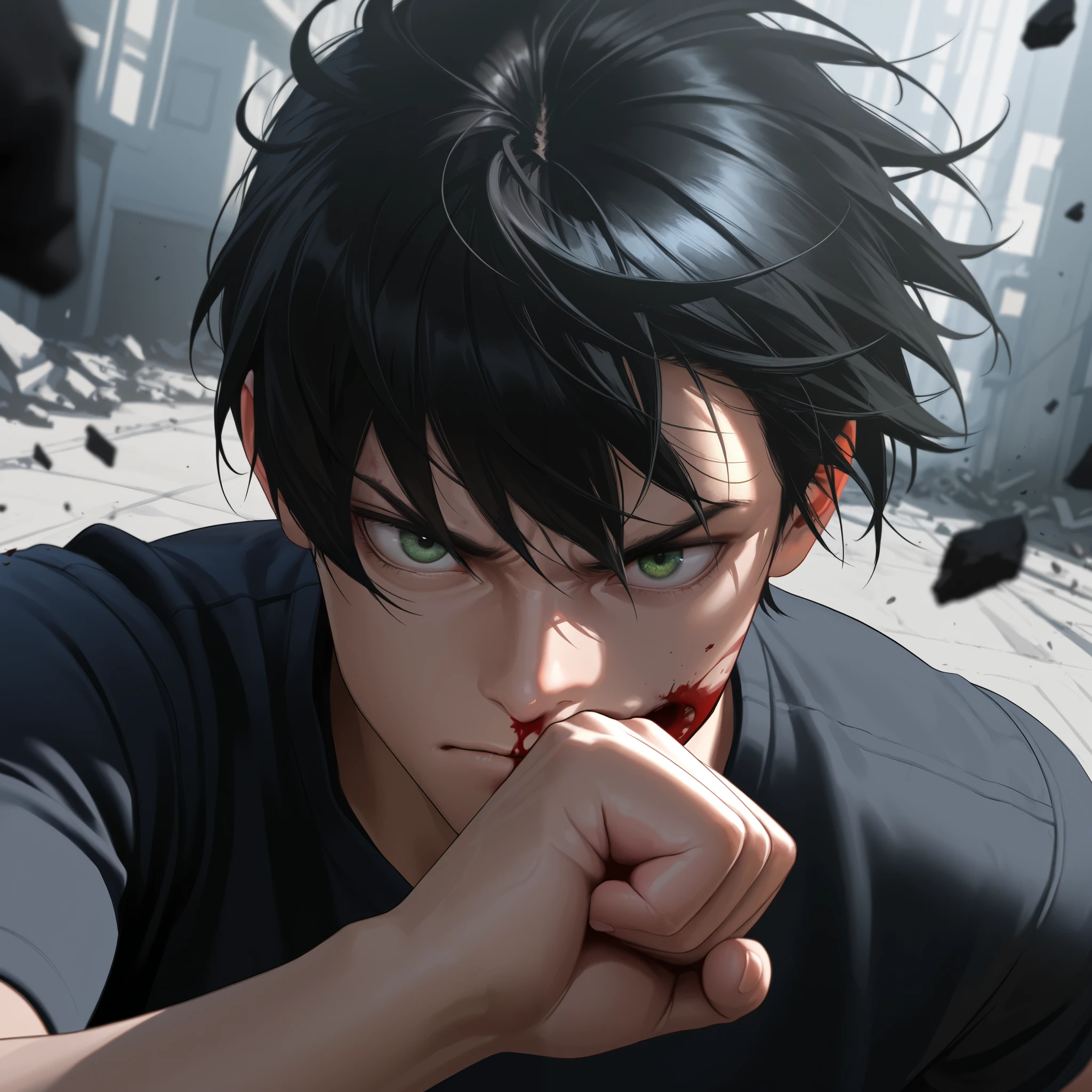 ultra detailed, 8k, ultra realistic, masterpiece, cinematic lighting, 1boy, 17y, portrait, messy spiky black hair, green eyes, arm back preparing to punch, bloody face, look of hate, surrounded by debris, dynamic angle, dynamic pose