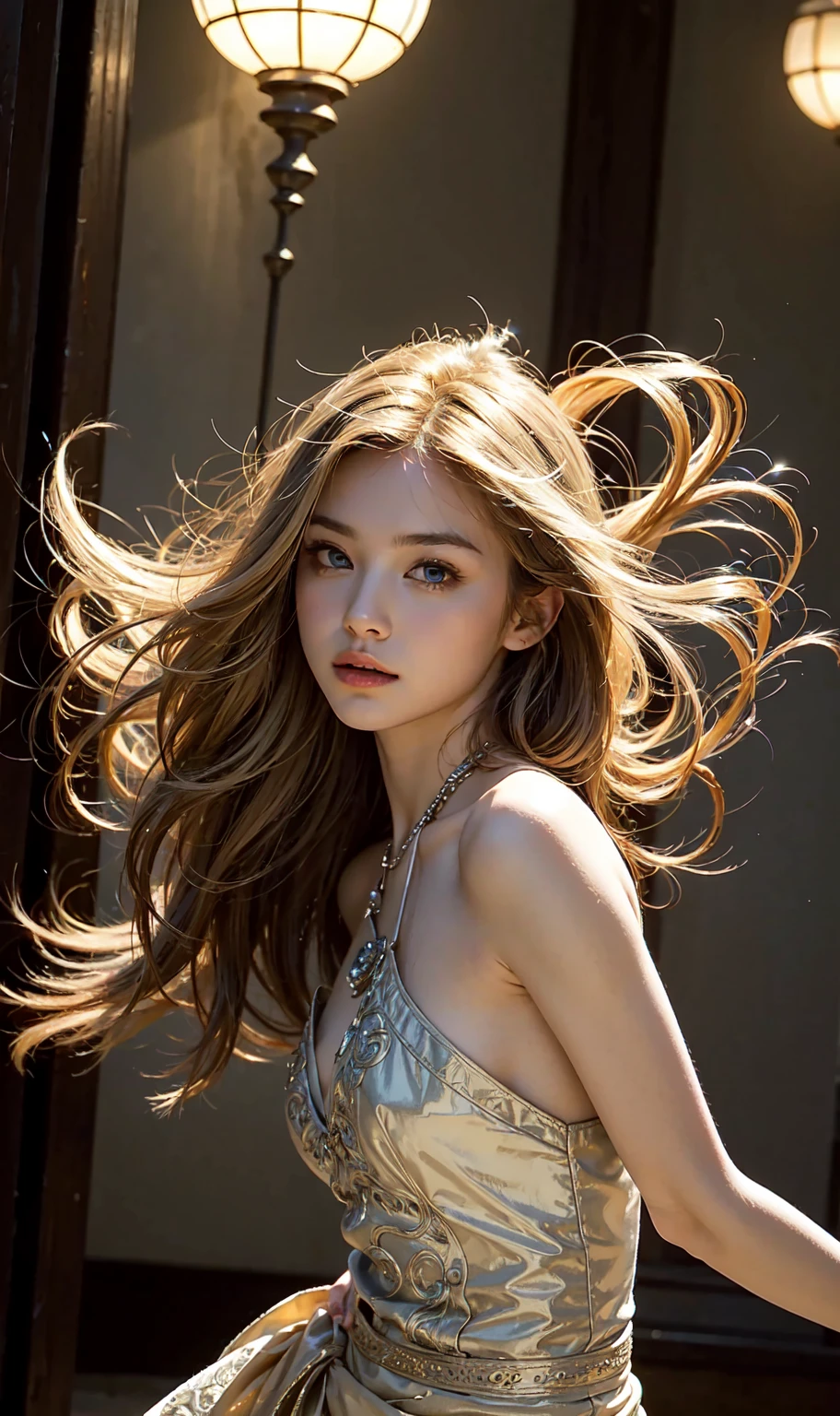 Beautiful supermodel woman with blonde hair, a lock of hair with a slight highlight, blue-gray eyes, mixed medium, undried paint, jewel beetle, colored background, liquid color flowing across her face, photographed by Jingna Chang. --v 6