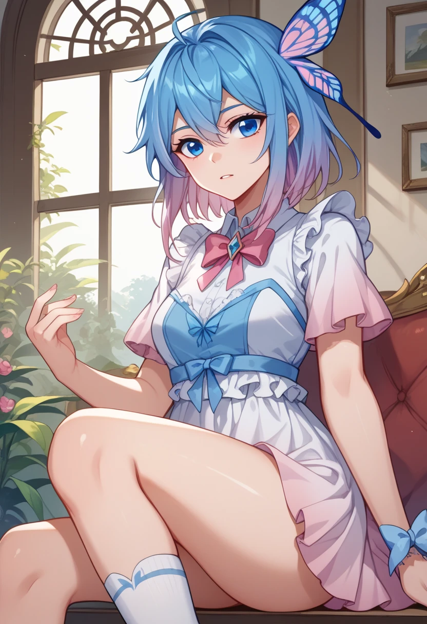 highest quality,very detailed,masterpiece,white shirt, pink mini skirt, frills, pink bow,flat chest, long hair, blue eyes, double bun, purple bow, blue hair, twin tails, hair between eyes, hair bow, eyebrows visible through hair,orgasm,topless,cum on chest,bare breasts,skirt lift,