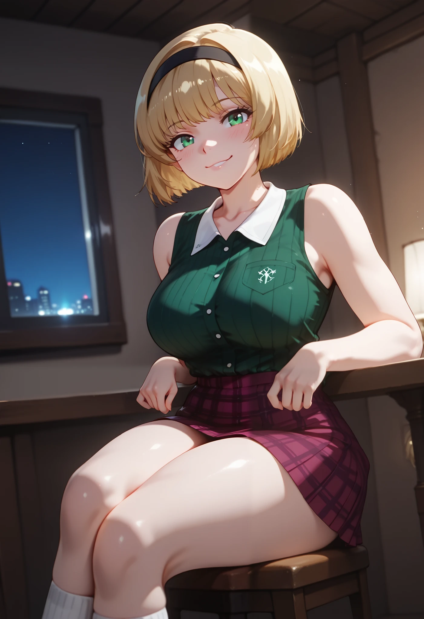 (dynamic angle, wide view, wide-angle lens, extremely detailed, CG, 8k Amazing, finely detail)), (intricate details, depth of field), 8k UHD, (masterpiece, best quality), ((amazing quality,very aesthetic,absurdres,best quality,newest, masterpiece)), ultra detailed, best quality, beautiful face, perfect anatomy, anatomically correct, athletic sexy body, Expressiveh, (cute face, cute body))), ((happy girl, proud to show her body)), ((((Miki H, blonde hair, bobcut, short hair,bangs, green eyes, black hairband, large breast, green striped shirt, sleeveless shirt, white collar, plaid pink miniskirt, white socks))), ((large breasts, slim sexy body, curvy hips, seductive pose, flirting, naughty face, blush)), (((looking at viewer, happy smile, joy, cowboy shot, dynamic pose)))), curvy, toned, athletic, sitting, arms on table, crossed legs, upskirt, ((((profile shot)))), (((seductive pose, sexy pose, cowboy pose)), indoors,((hourglass figure)), ((pinup pose, seductive pose,dynamic pose, seductive), ((precise face and eyes:1)) , ((looking at back, full body shot, hourglass figure, wide hips)))), fantasy, outdoors, ((highly detailed, highres, 8k, uhd, High Dynamic Range, tonemapping, crisp details, intricate details, fine details)), ((highly detailed skin texture, finely detailed hair, perfect face, perfect body, perfect hair, perfect anatomy, portrait)), finely detailed skin, sharp focus, (cinematic lighting), collarbone, night, soft lighting, dynamic angle, Side View, Shot From Side, Low View,, (side_view_perspective:1.5), ((showing off your butt , showing the butt, rear camera , turning your back to the camera , posing in a sexy way))