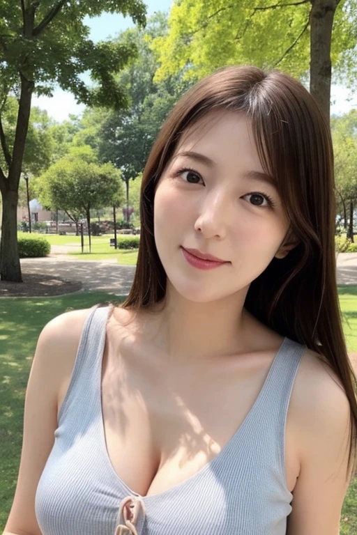 ((Best quality, 8k, Masterpiece :1.3)), 1girl, beautiful woman with emphasis on slim abs: 1.3, (casual hairstyle, big breasts: 1.2), casual wear: 1.2, interior, ultra-detailed face, delicate eyes, double eyelids, soft breasts, smile, exposed cleavage