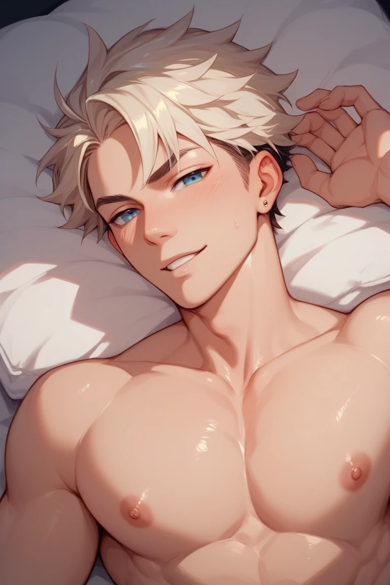 ((the best quality)), ((Masterpiece)), (details), perfect face, high definition, Masterpiece,4k,details clearly, Handsome face, white skin, perfect body, male body, strong muscles, abdomen, Blue eyes, white skin, The most handsome man in the world, handsome, The coolest face, Male characters, close image (1man, shirtless), young man, mischievous smile, Extremely muscular tall man, open your eyes ((detailed eyes)), huge, muscular body and Massive, bulging pecs, muscular abs, narrow waist, short hair, delicate big eyes, carefree expression, clear face, handsome (detailed face, perfect face) ((extremely realistic shadows, bodybuilding posture, human, ((22-year-old young man)), V shape, Shirtless, topless, close up look, CG sense, Textured skin, the best quality, Storytelling images, show Panty line, Show your abs, show arm muscle, white hair, shining Blue eyes, eyes contact, high school, Pink Shorts, Shorts, pink outfits, lie on the bed, Male Shorts, Spread your legs, top view, delicate face, bight light, Topless, Shirtless, Cute face, ((hands Detailed))