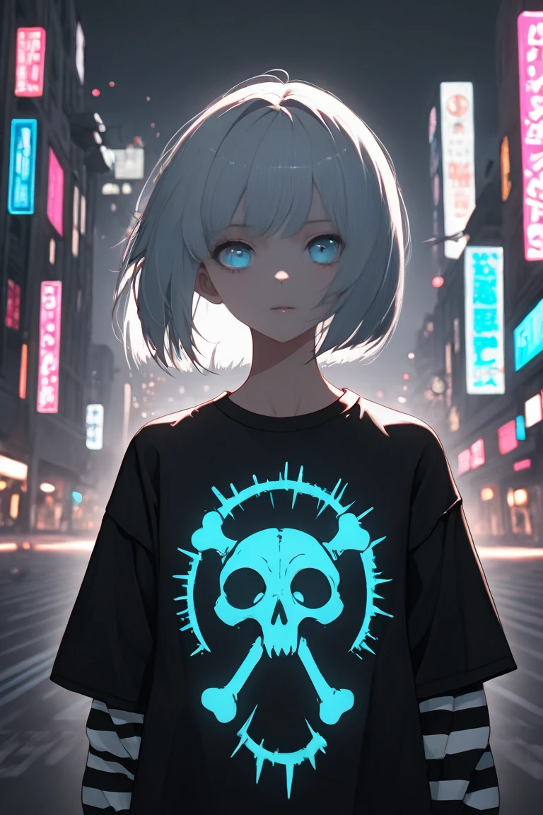 indoor，Fluorescent lighting，(((Shrouded in darkness)))，Wall Background，Black background，silhouette，Shadow，Extreme darkness，Minimalist graffiti style background，Fluorescent white tricks Skull graffiti，Dark atmosphere，Cowboy Shot,One girl,Oversized black t-shirt，Mid-chest，Waistless T-shirt，（Underbust），Blurred Background，Blurred foreground，Fluorescent white hair，Fluorescent white eyes，Raise your hand and touch your hair，Long Hair,Low-rise denim shorts,pink eye Shadow，Ruined eyeShadow，（Vanishing Point，Depth of written boundary，Background Blur），(Vine-covered foreground:10）,dark and edgy、Elements of surrealism、Expressive brushwork、Dynamic configuration。\Very detailed explanation，Lock，Barbed wire，Wooden piles，（Bloody Moonlight：20）,