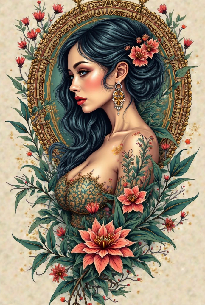 Detailed Background,Art Deco,Beautiful landscape painting,Botanical Art,Flower Art,(Floral:1.2), (masterpiece, Highest quality),Vibrant colors,colorful, Highest quality, Amazing details, Anatomically correct, Line art, Written boundary depth,Flat Shading,Bokeh, woman、1joven、Black Hair、 whole body、Showing off pussy、 Sit with your legs apart:1.5、Showing pussy、sexy、Passionate、Stretch your legs、(Thighs)、(Small breasts)、Slim style、(barefoot)、 Mucha style、Ukiyo-e style、Looking up at the camera、Browsing Caution
