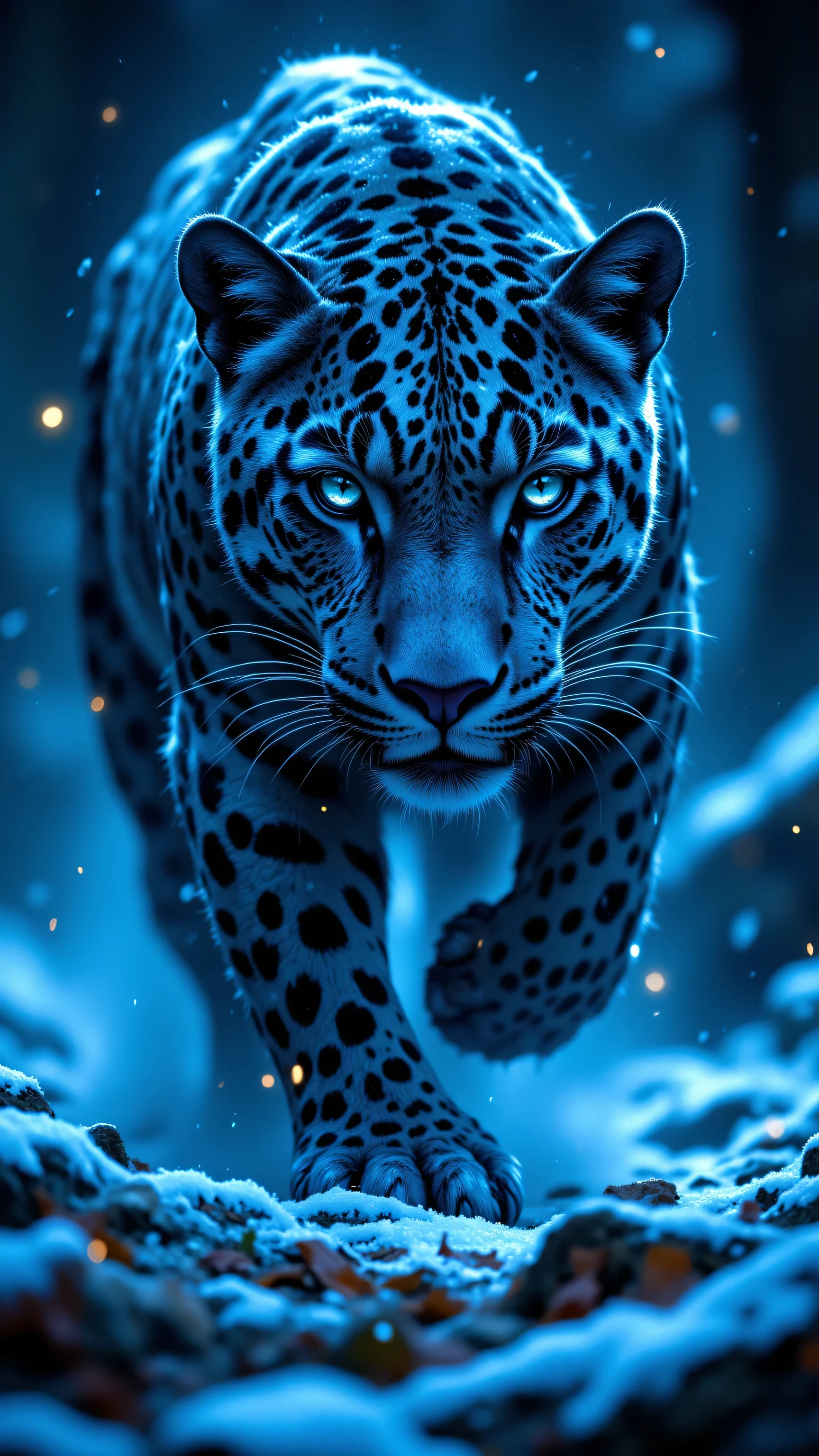 8k, Masterpiece, Top Quality, Low-angle, close-up, blue, jaguar, leopard, spots, glowing eyes, powerful, striding, paws, raised, snowy, blurred, sparkling, lights, mystical, otherworldly, fantastical.