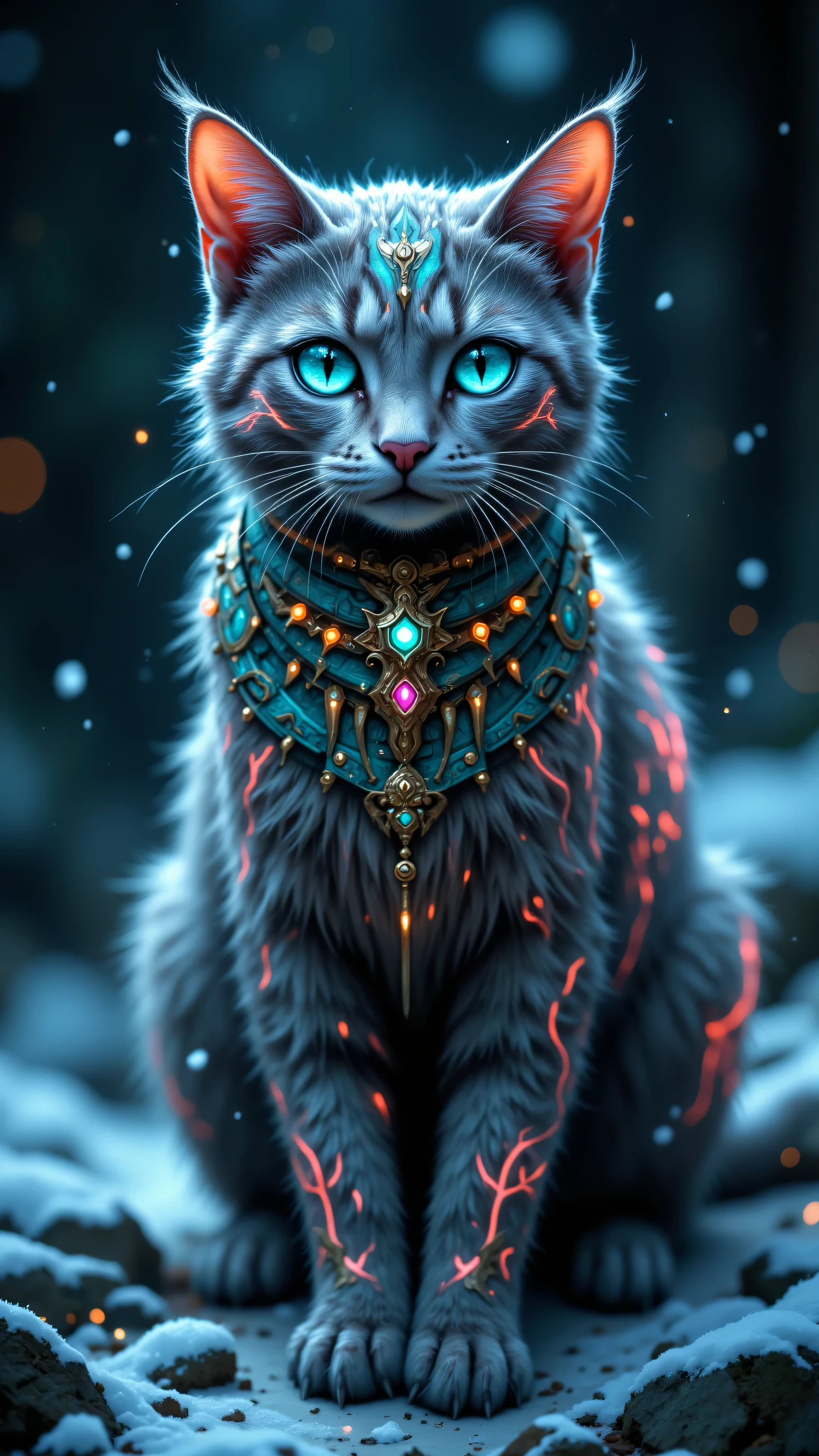 8k, Masterpiece, Top Quality, Close-up, frontal, cat, slightly low angle. Grey-blue, luminous patterns, ornate, glowing, teal, pink, gold, large eyes, luminous eyes. Intricate carvings, tattoos, soft fur. Snowy, wintry, bokeh, out-of-focus lights, snow on ground, magical, ethereal.