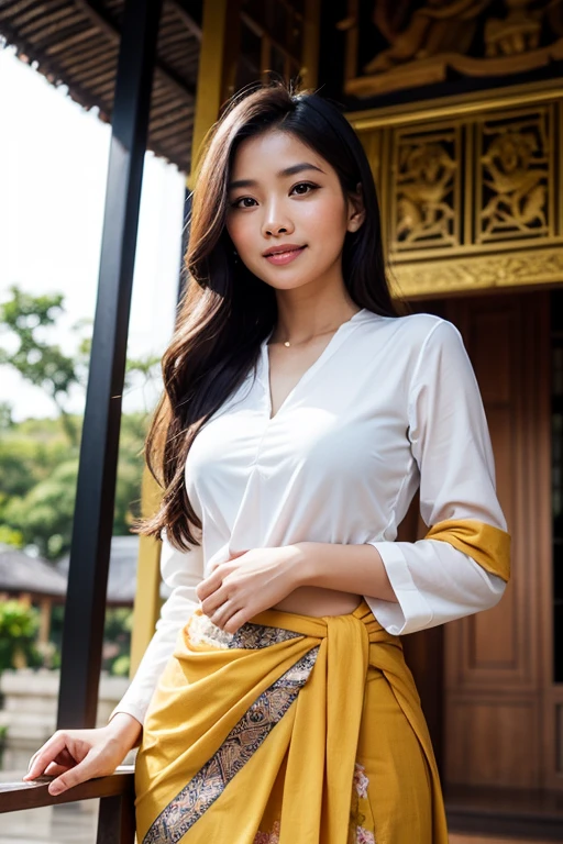 photography, woman, portrait of woman wearing Indonesian_high_school, red lipstick, golden necklace, earrings, ornate, detail, flowers, blurry background, soft focus