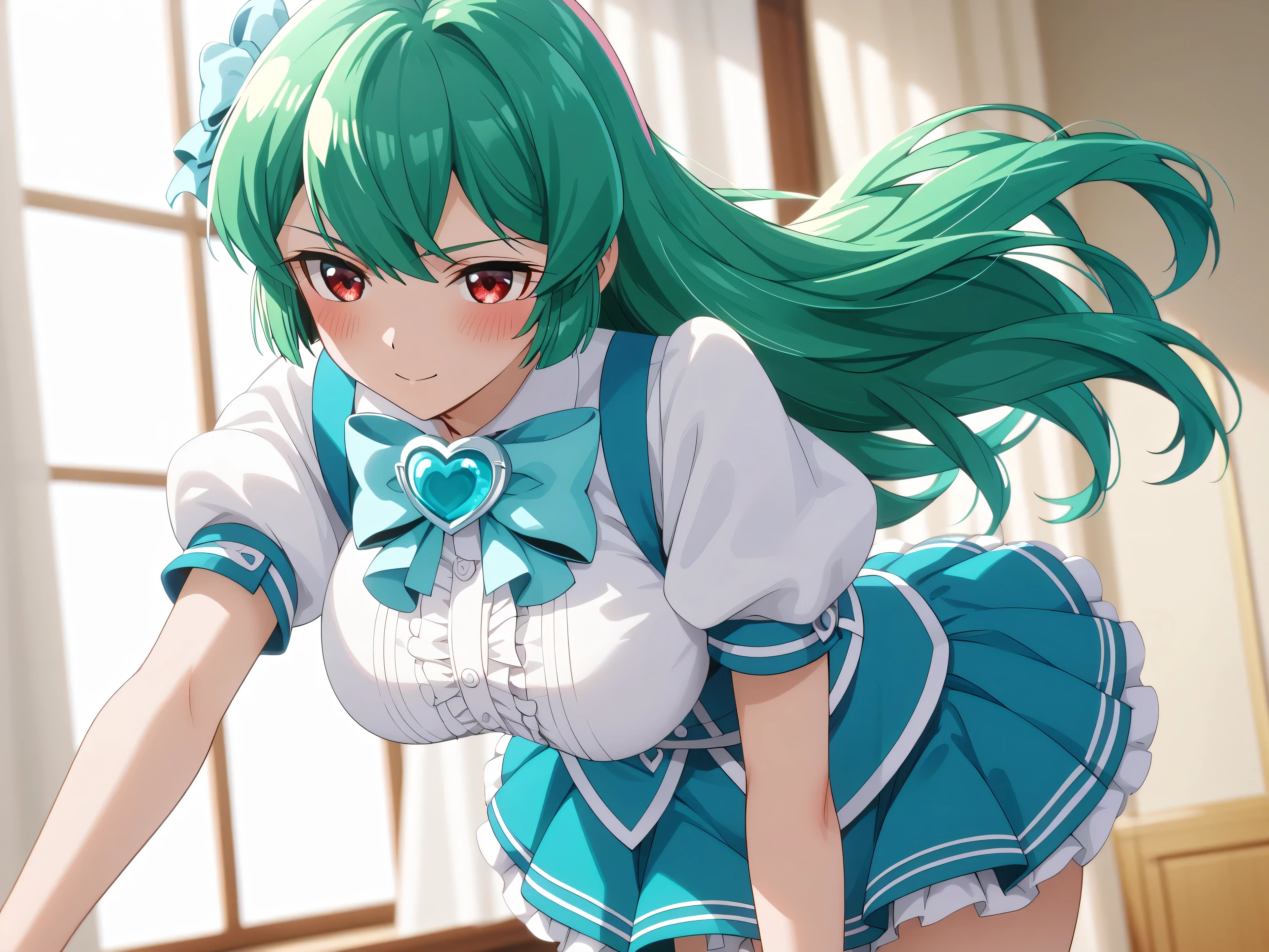 master piece、Best Quality,Super detailed,High resolution,Extremely detailed CG,Unity 8K Wallpaper,weat,score_9, score_8_up, score_7_up, score_6_up, score_5_up, score_4_up, source_anime, MinakamiSayo, 1girl, solo, breasts, Green Hair、Red eyes,shirt, large breasts, dress, jewelry, white shirt, short sleeves, heart, puffy sleeves, bowtie, puffy short sleeves, heart brooch,mini skirt,anime coloring, anime screencap