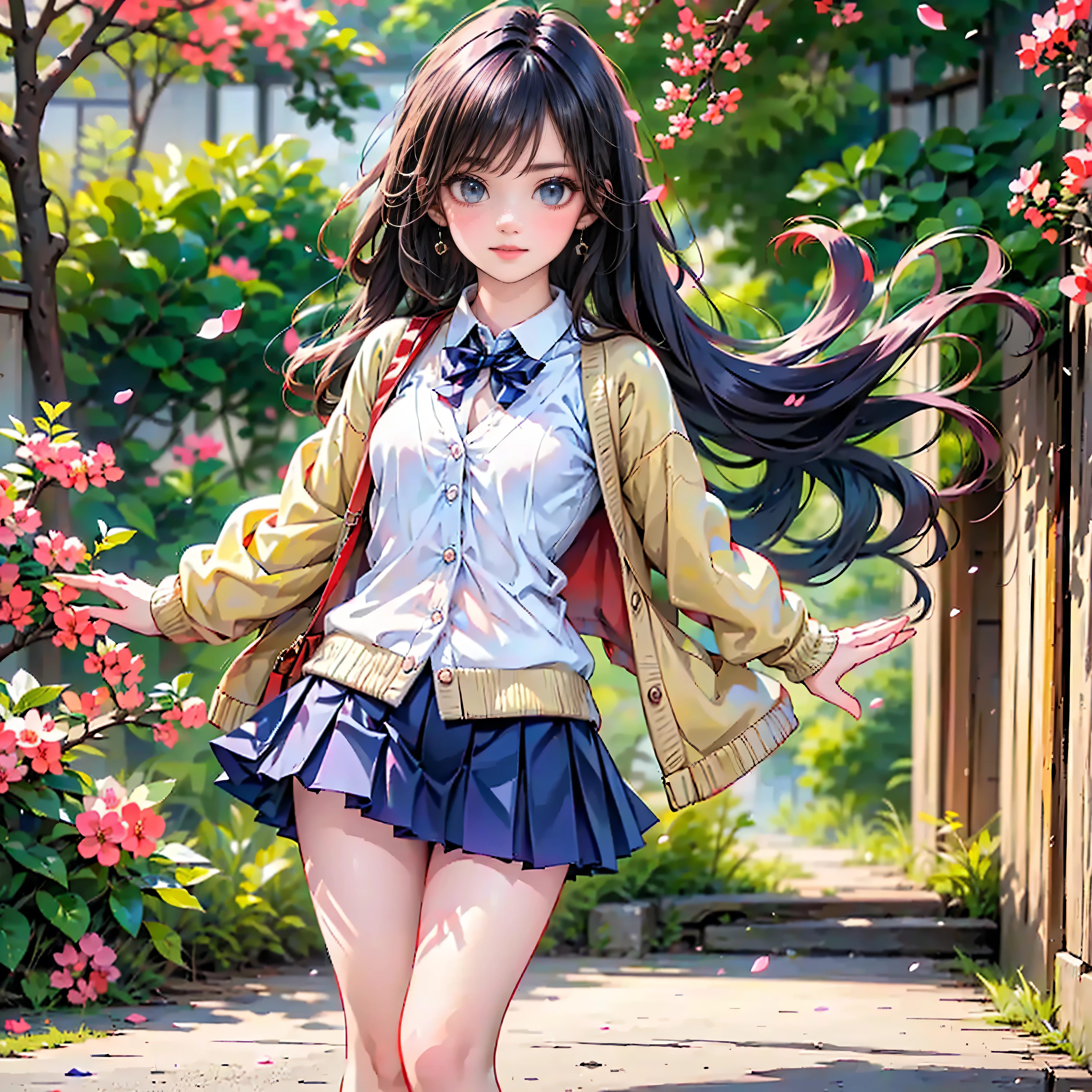 Best quality, 8K, Best quality, Masterpiece, ((Odd-eyed high school girl)), ((Heterochromia, red eyes, blue eyes)), ((Sparkling, detailed eyes), ((Finely drawn, crystal-like eyes)), (Long platinum and purple hair), Princess cut, ((Translucent, smooth white skin)), Glossy skin, Very white skin, ((Very beautiful face, well-defined features)), ((Small breasts)), ((Anatomically accurate depiction), ((Detailed depiction down to the fingertips)), ((Walking down a cherry blossom-lined path wearing a white silk blouse with a cherry blossom pattern and a light green cardigan over it), (Wearing a navy blue pleated skirt), Open arms, Beautiful cherry blossoms, ((Many petals are dancing in the wind)), ((She is surrounded by petals dancing in the wind)), Smiling face, Very beautiful, Ultra-realistic