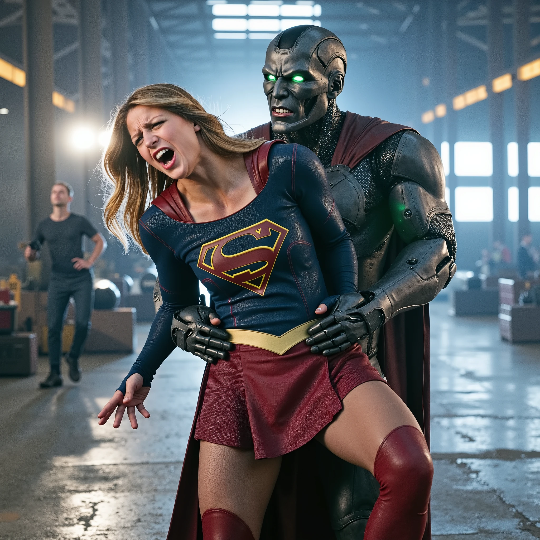 Melissa Benoist as Supergirl, (a very short skirt), fighting with an enemy, she is sexual assaulted from behind by Lex Luther the robot, she bend down, a green lighting collar on her neck, painful face, (Supergirl is screaming in pain), Lex Luther is a strong big robot, he is hugging her tightly from behind, he pull her skirt up and push his penis into her skirt, whole body from head to feet are visible, in the factory, night time, bright spot lighting,