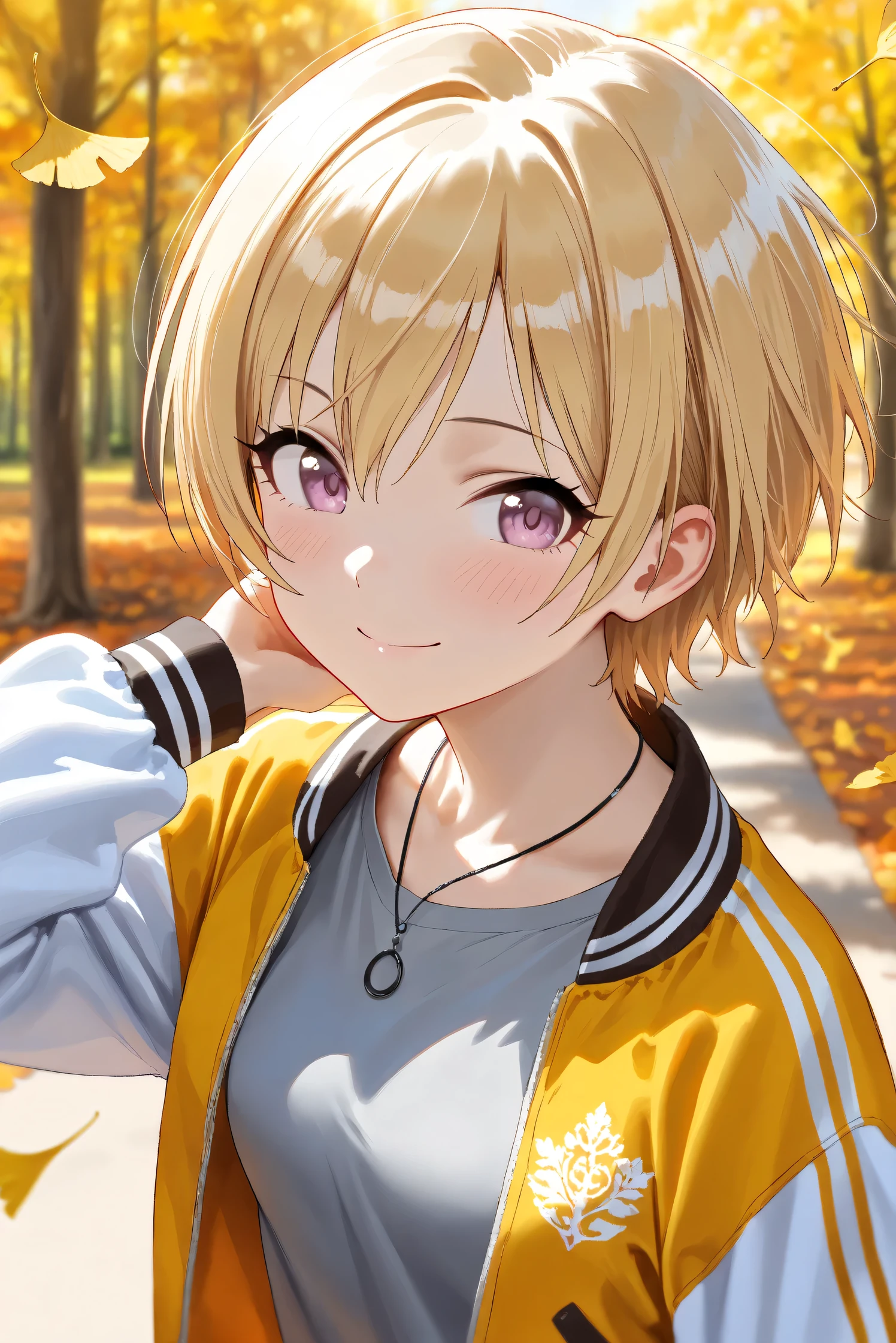 (Masterpiece), (Highest quality), (Very detailed), 
(The best shape), (Best Shadow), (Absurd), 
(Detailed background), (So beautiful), Shiny , 
Beautiful eyes in every detail, Extraordinary, Countershading, 8k, 32K, High resolution, 
Very Detailed CG,

Score_9, Score_8_up, Score_7_up, Source_anime, 
(Pastel painting:1.2), (Watercolor painting:1.2),
(Masterpiece, Detailed:1.2), (Foreshortening:1.2),

Cinematic, Dramatic, (Depth of field:1.4),
(Blurry background:1.4), (Realistic background:1.4),
Dynamic angle, 
1 girl,
Autumn, Outdoor, Nature, Park, Wind,
Autumn leaves, Ginkgo,
Scenery, Autumnforrestmb, Autumn, Forest, Tree, Nature, Outdoors, 

Saijo Juri,
the idolmaster shiny colors,
juri saijo, short hair, blonde hair, purple eyes, small breasts,

(Casual wear:1.3), 
T-shirts, (Gray t-shirts:1.3), 
Souvenir jacket, Yellow jacket, (Long sleeves jacket:1.2), White sleeves jacket,
Necklace,

Portrait, (focus on face:1.1), (Close up shot:1.1),
(Blush:1.3), smile, happy, looking back,
Realistic skin, Shiny skin,