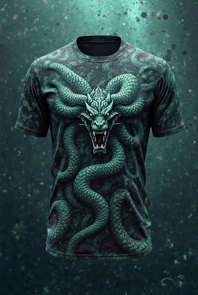 A plain white T-shirt with a print, where the green dragon wraps around the entire t-shirt, and more texture in the form of scales on the shoulders and ribs 