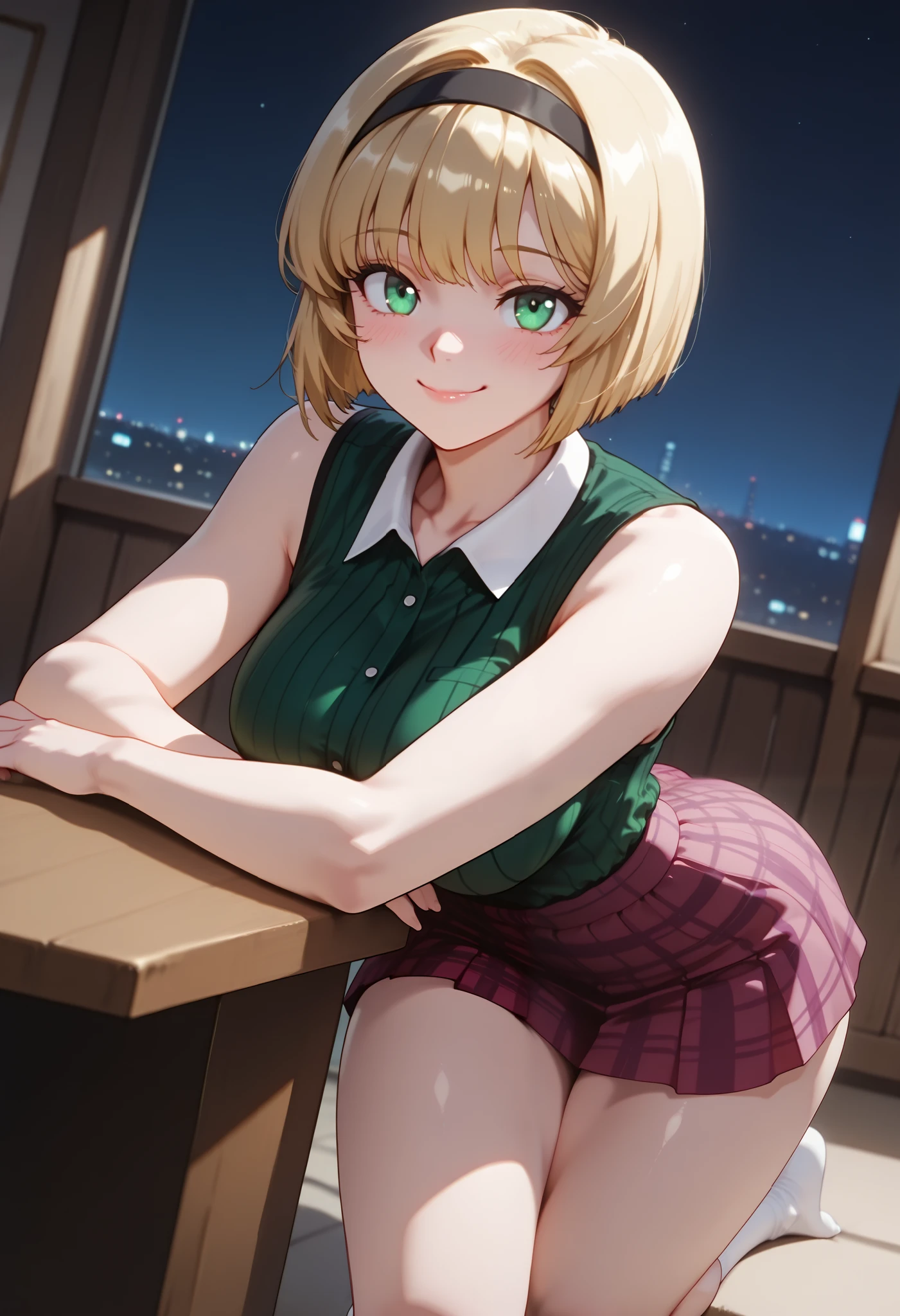 (dynamic angle, wide view, wide-angle lens, extremely detailed, CG, 8k Amazing, finely detail)), (intricate details, depth of field), 8k UHD, (masterpiece, best quality), ((amazing quality,very aesthetic,absurdres,best quality,newest, masterpiece)), ultra detailed, best quality, beautiful face, perfect anatomy, anatomically correct, athletic sexy body, Expressiveh, (cute face, cute body))), ((happy girl, proud to show her body)), ((((Miki H, blonde hair, bobcut, short hair,bangs, green eyes, black hairband, large breast, green striped shirt, sleeveless shirt, white collar, plaid pink miniskirt, white socks))), ((large breasts, slim sexy body, curvy hips, seductive pose, flirting, naughty face, blush)), (((looking at viewer, happy smile, joy, cowboy shot, dynamic pose)))), curvy, toned, athletic, kneeling, arms on table, crossed legs, upskirt, ((((profile shot)))), (((seductive pose, sexy pose, cowboy pose)), indoors,((hourglass figure)), ((pinup pose, seductive pose,dynamic pose, seductive), ((precise face and eyes:1)) , ((looking at back, full body shot, hourglass figure, wide hips)))), fantasy, outdoors, ((highly detailed, highres, 8k, uhd, High Dynamic Range, tonemapping, crisp details, intricate details, fine details)), ((highly detailed skin texture, finely detailed hair, perfect face, perfect body, perfect hair, perfect anatomy, portrait)), finely detailed skin, sharp focus, (cinematic lighting), collarbone, night, soft lighting, dynamic angle, Side View, Shot From Side, Low View,, (side_view_perspective:1.5), ((showing off your butt , showing the butt, rear camera , turning your back to the camera , posing in a sexy way))
