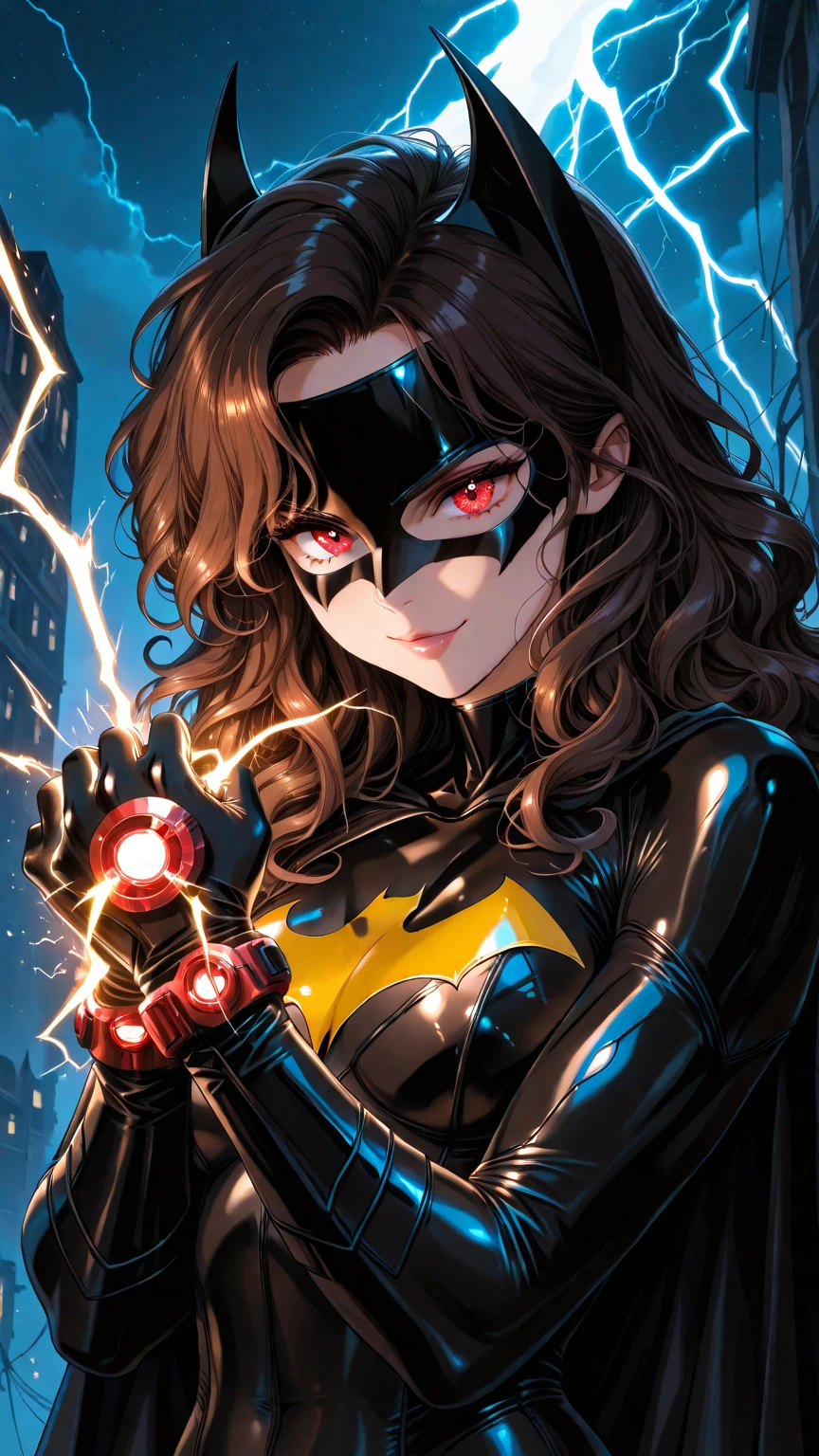 A beautiful and female student, solo, (incredible high resolution, masterpiece, top quality, highly detailed, CG, high quality anime drawing), (wavy hair), (brown hair and red eyes), Nightsky, Batman outfit, bat mask, lightning sparks, electric powers, lightning hands