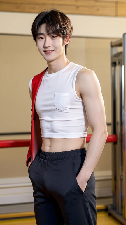 Japanese men、15 years old、Well-developed muscles and smooth skin、Red shaved head、Relaxed and friendly smile、Showing off his blue boxer briefs、The whole body is visible from toes to head、Fist pump in the locker room、