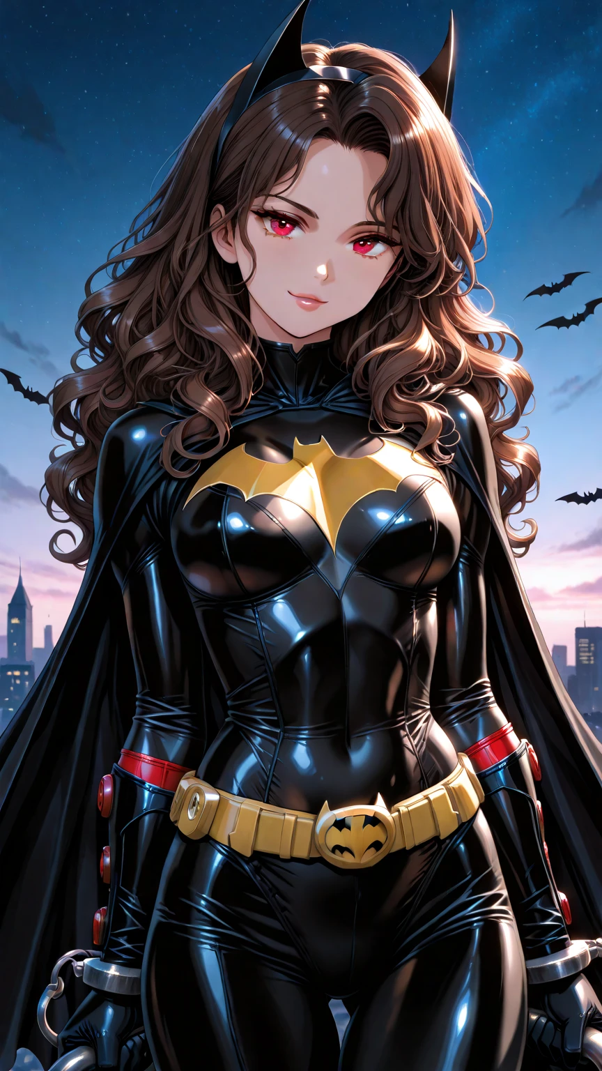Batgirl, upper body, urushisato, gritty cityscape in background, firey red hair, black cape