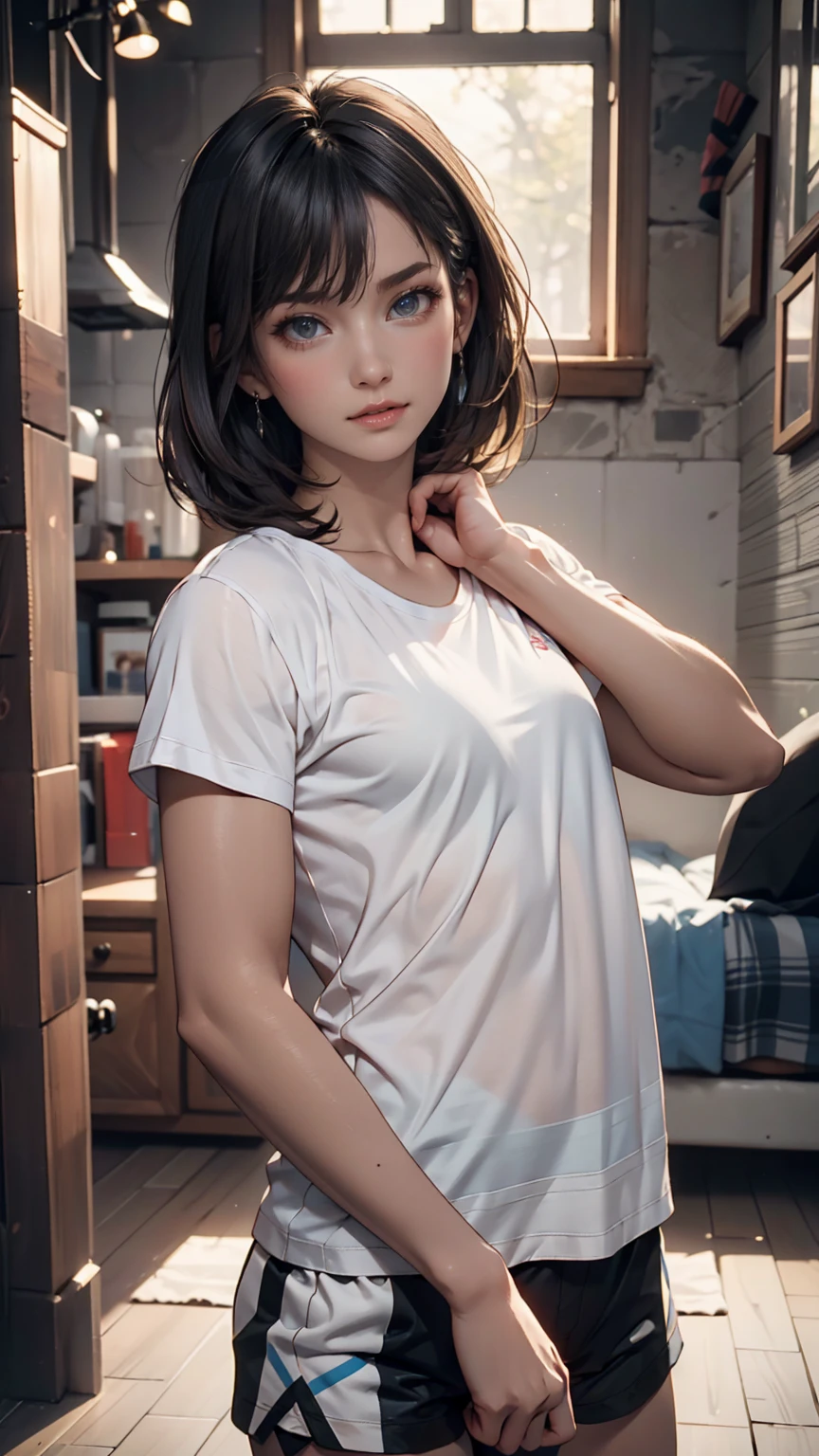 (masterpiece, best quality, highres, high resolution:1.2),extremely detailed,realistic,intricate details,1girl,solo,black hair,Curtain Bangs,swept bangs,smirk,open mouth,blush,freckles,shirt,naked shirt,shirt tug,no panties,(small breasts, thick thighs, wide hips),(cinematic lighting, sunlight, volumetric),looking at viewer,from above,close-up,
<lora:realistic:0.25>,<lora:shirt_tug:1>,