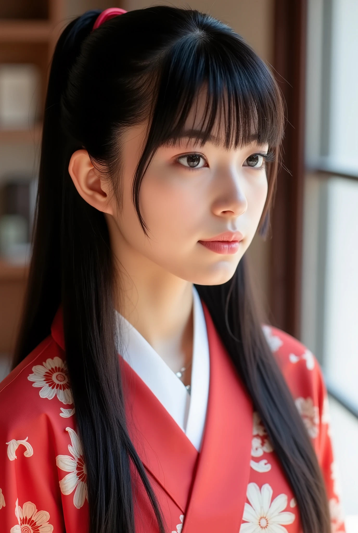 Create a photo collection featuring a Japanese idol girl with a fair complexion. She has long, straight black hair styled in a ponytail with bangs. She is wearing a glossy hakama, and the images should capture her full body. The setting is indoors, and the overall aesthetic should highlight her purity and charm.