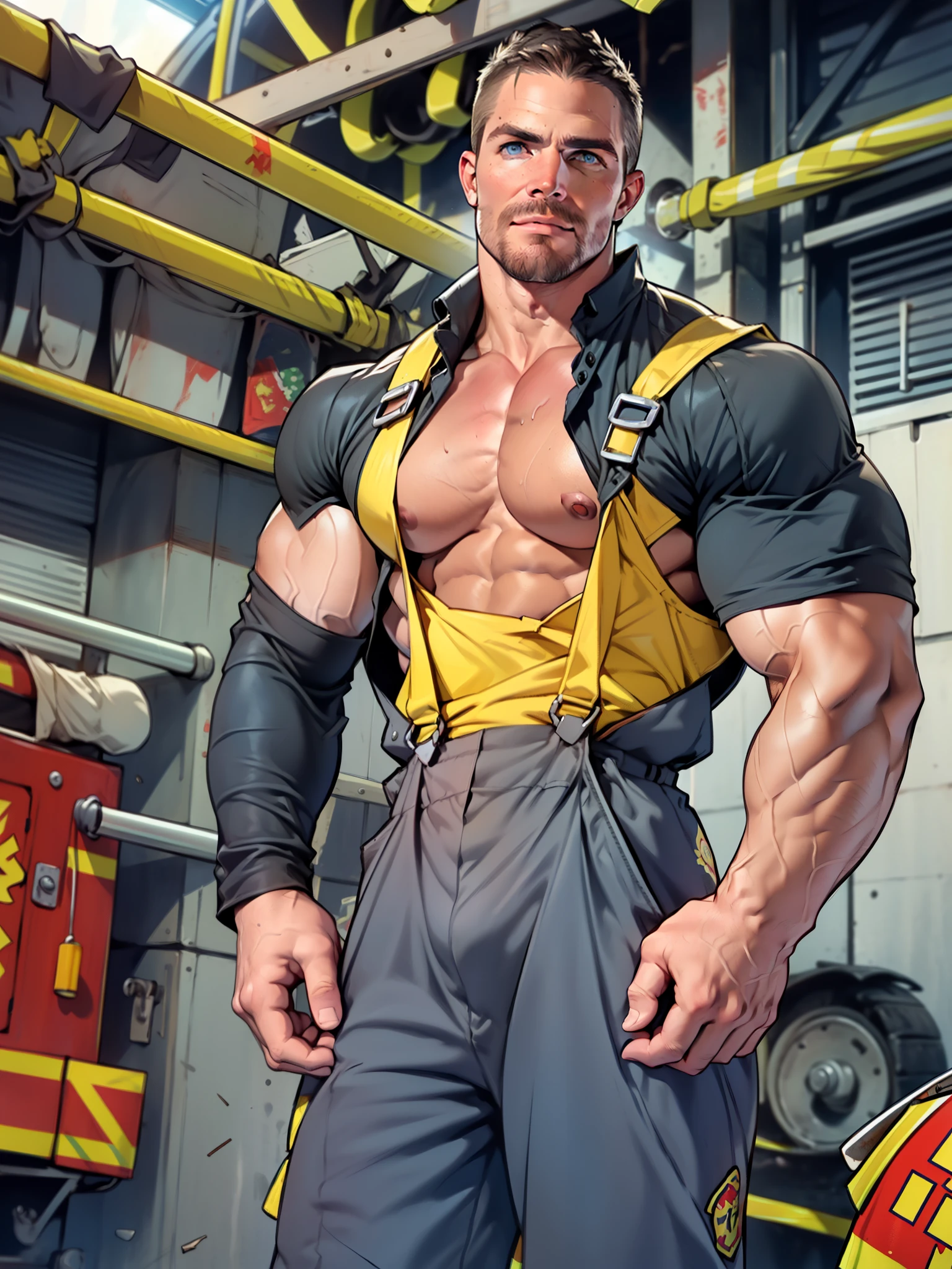 masterpiece, best quality, face, natural eyes, 1man, macho man,, muscled and mature, (((stephen amell as a firefighter wearing totally unbuttoned firefighters' overall))) sweating, tight cloth showing his muscles and bulge , full body , background wood workshop , woodwork of chairs , tools , wood parts , volumetric dynamic bright light .....