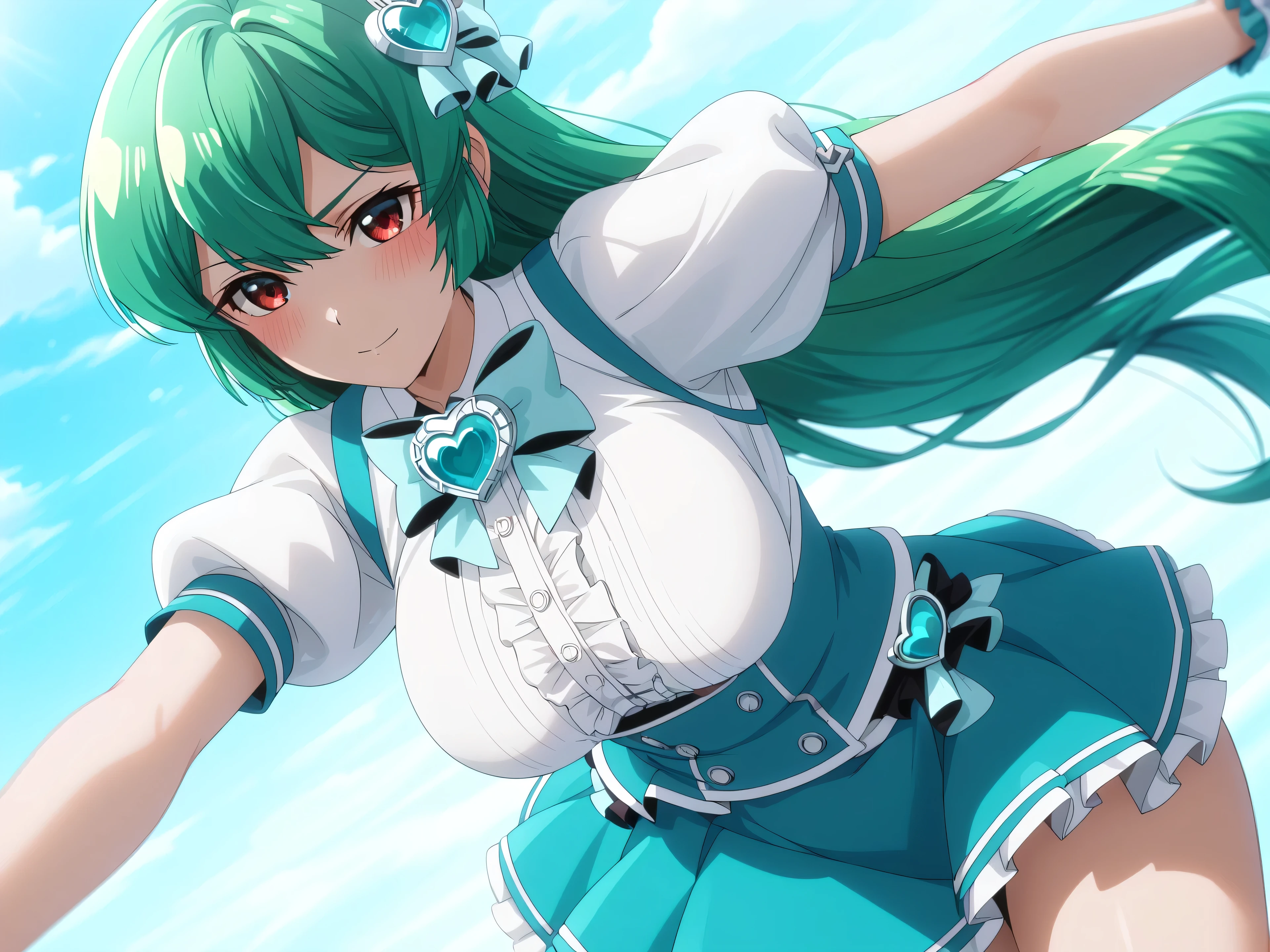 master piece、Best Quality,Super detailed,High resolution,Extremely detailed CG,Unity 8K Wallpaper,weat,score_9, score_8_up, score_7_up, score_6_up, score_5_up, score_4_up, source_anime, MinakamiSayo, 1girl, solo, breasts, Green Hair、Red eyes,shirt, large breasts, dress, jewelry, white shirt, short sleeves, heart, puffy sleeves, bowtie, puffy short sleeves, heart brooch,mini skirt,anime coloring, anime screencap